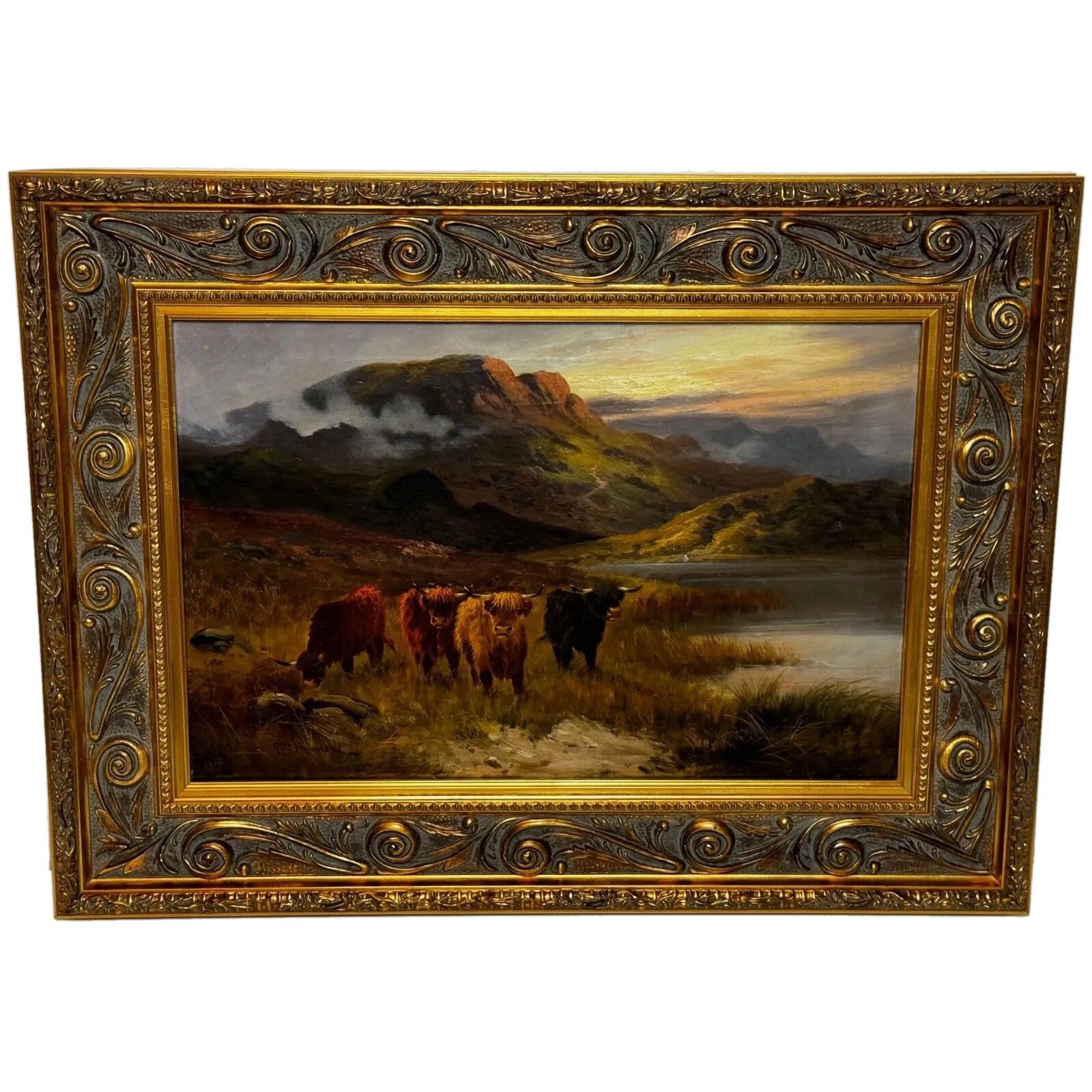 19e-eeuws olieverfchilderij Longhorn Cattle West Scottish Highlands, gesigneerd door Gustave De Brianski
