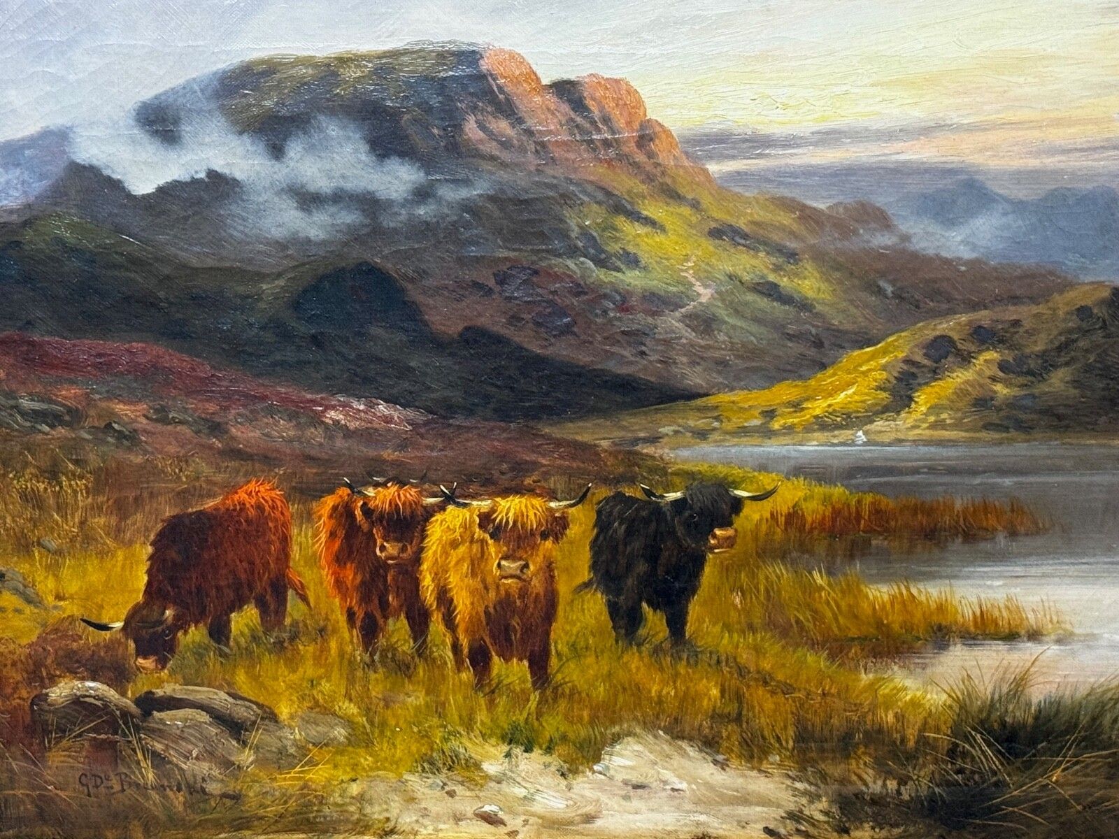 19e-eeuws olieverfchilderij Longhorn Cattle West Scottish Highlands, gesigneerd door Gustave De Brianski photo furniture