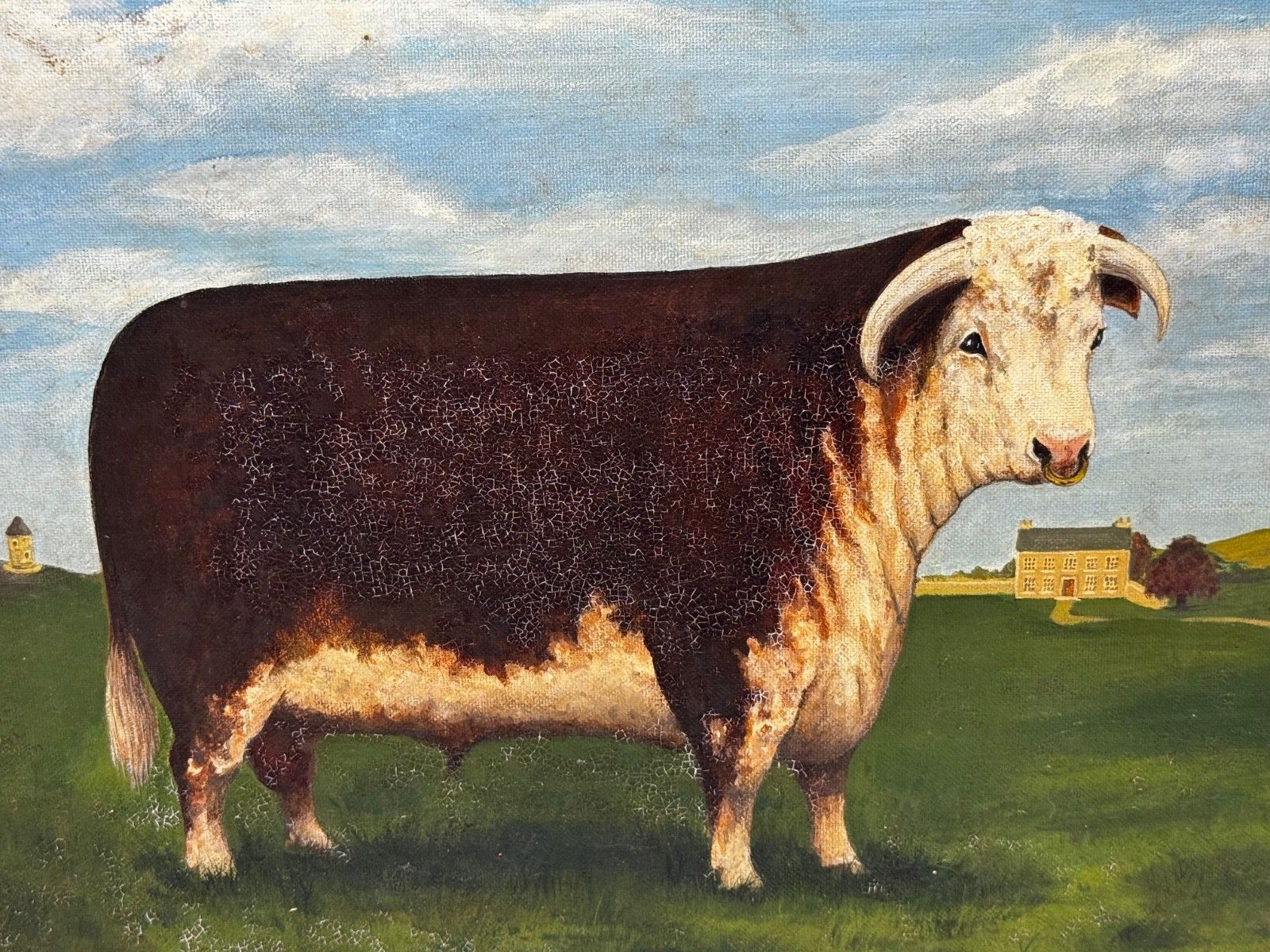 Olieverfschilderij Bekroonde Hereford Stier Pastoraal Landschap in de Stijl van William Henry Davis photo furniture