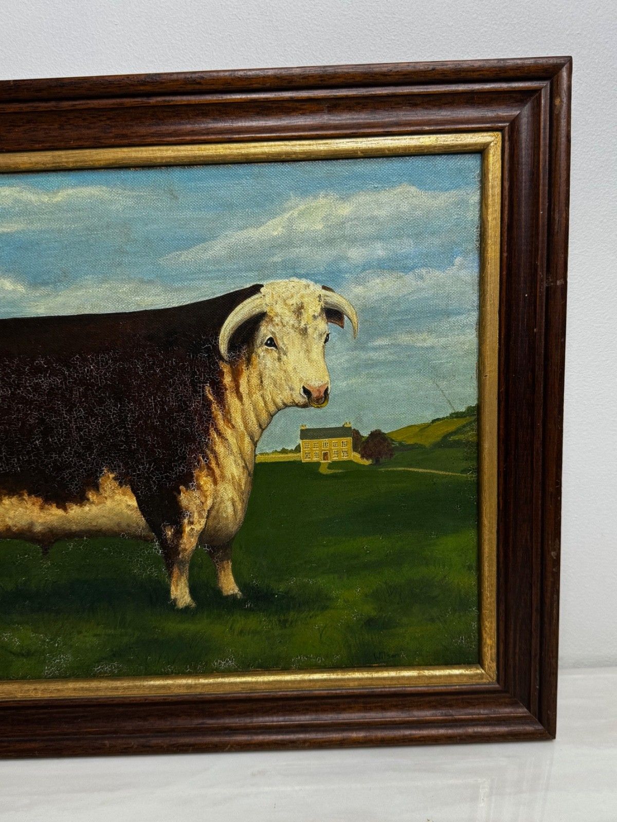 photo vintage Olieverfschilderij Bekroonde Hereford Stier Pastoraal Landschap in de Stijl van William Henry Davis
