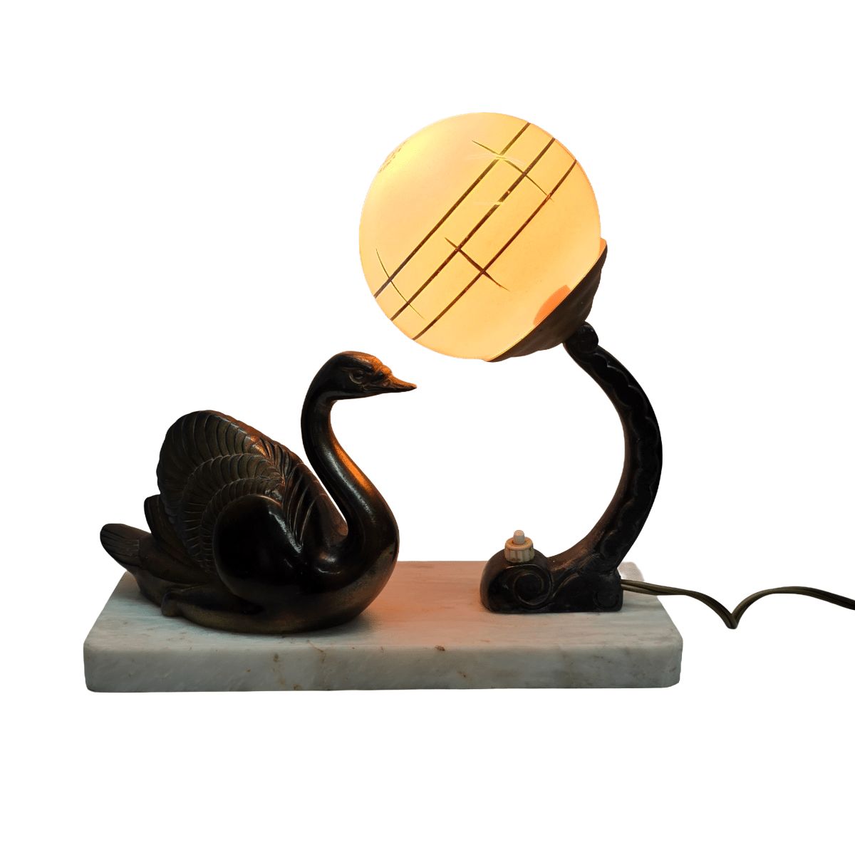 Franse art deco lamp met zwaan op marmeren voet, 1920/30s photo 195.0