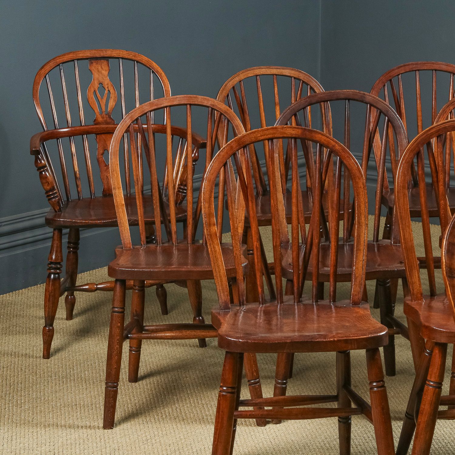 Set Of 12 Twelve Victorian Ash & Elm Windsor Stick & Hoop Back Kitchen Dining Chairs (Circa 1870 – 1930) photo furniture