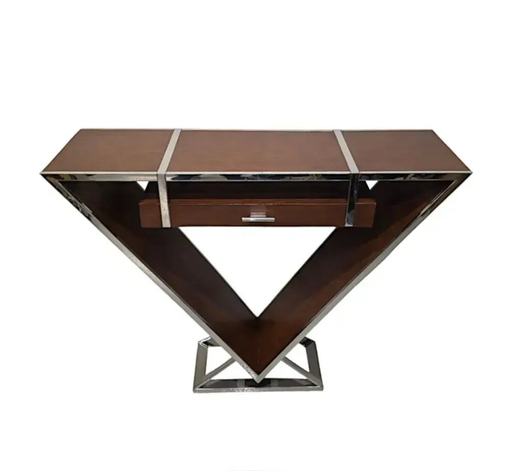 Art Deco Design Driehoekige Consoletafel in Walnoot en Chroom