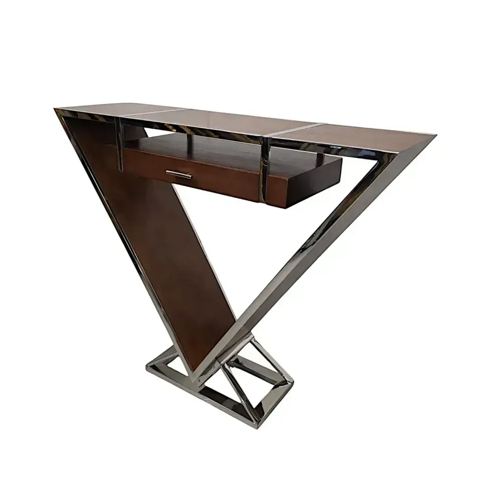 Art Deco Design Driehoekige Consoletafel in Walnoot en Chroom photo vinterior