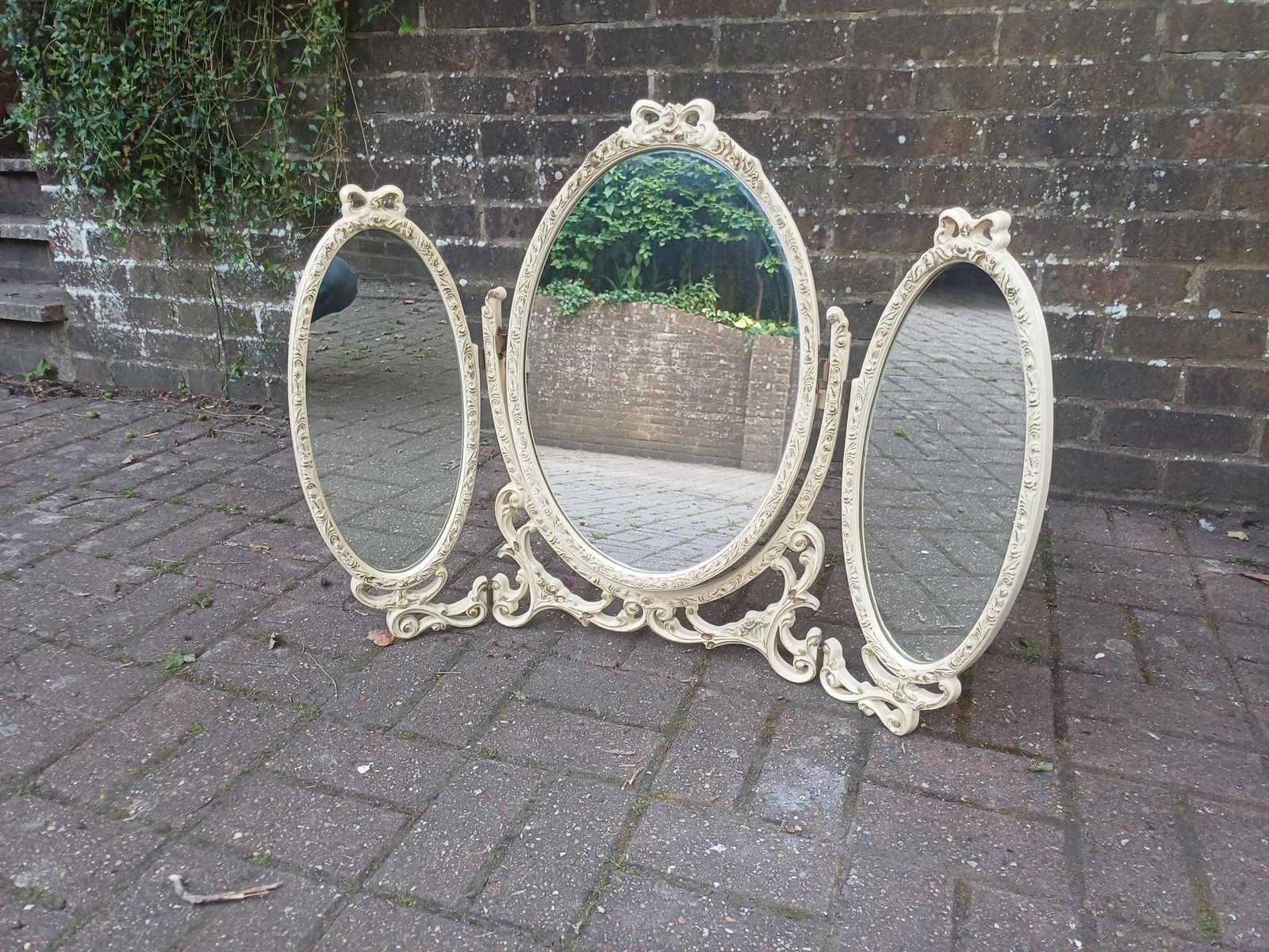 Unusually Large Vintage Triple Dressing Table Mirror Ornate Cream Gold Ribbon Composite Vanity Mirror Rococo Style Boudoir Mirror