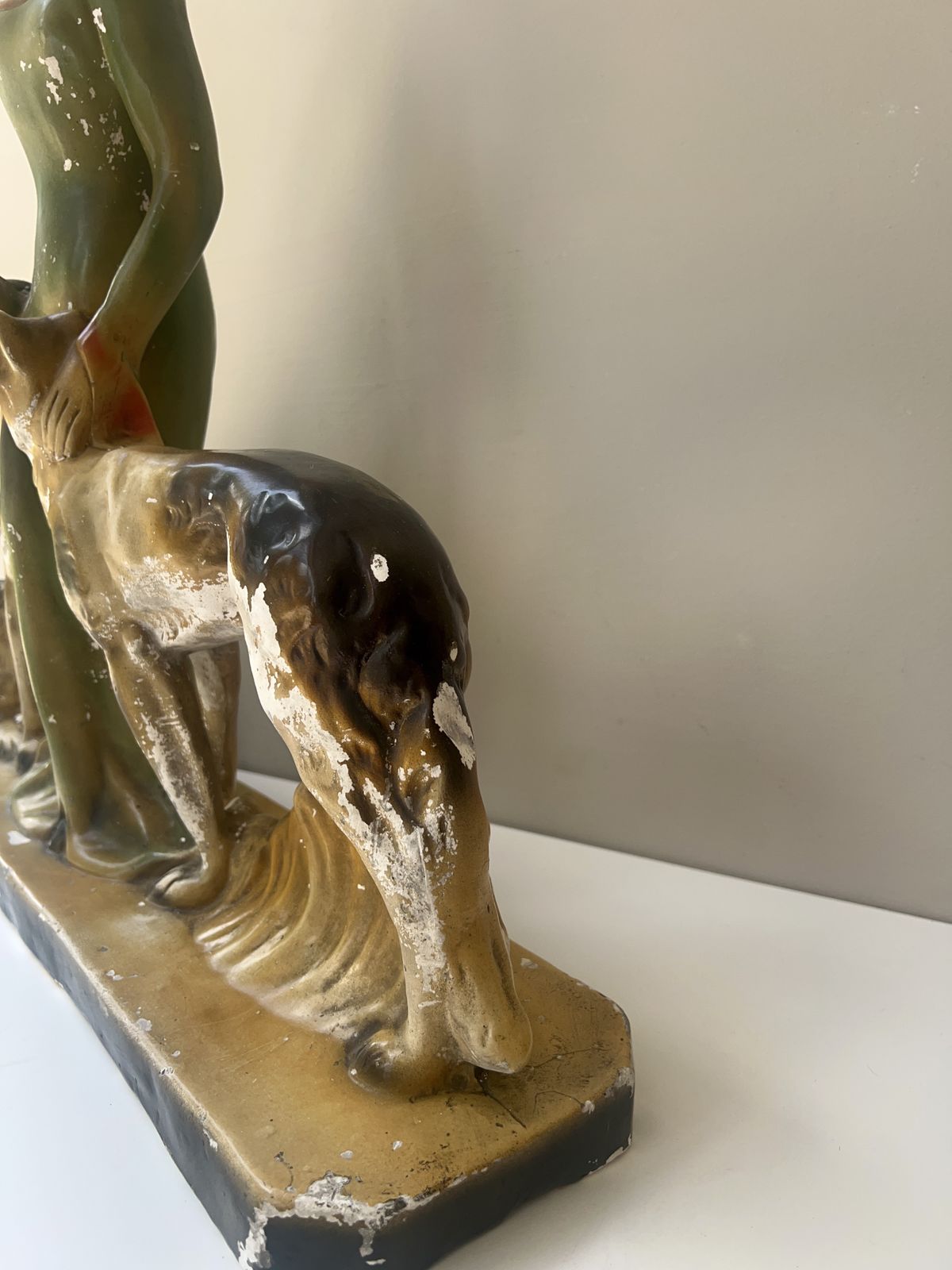 Very Large Art Deco Lady With Greyhounds Sculpture photo vintage