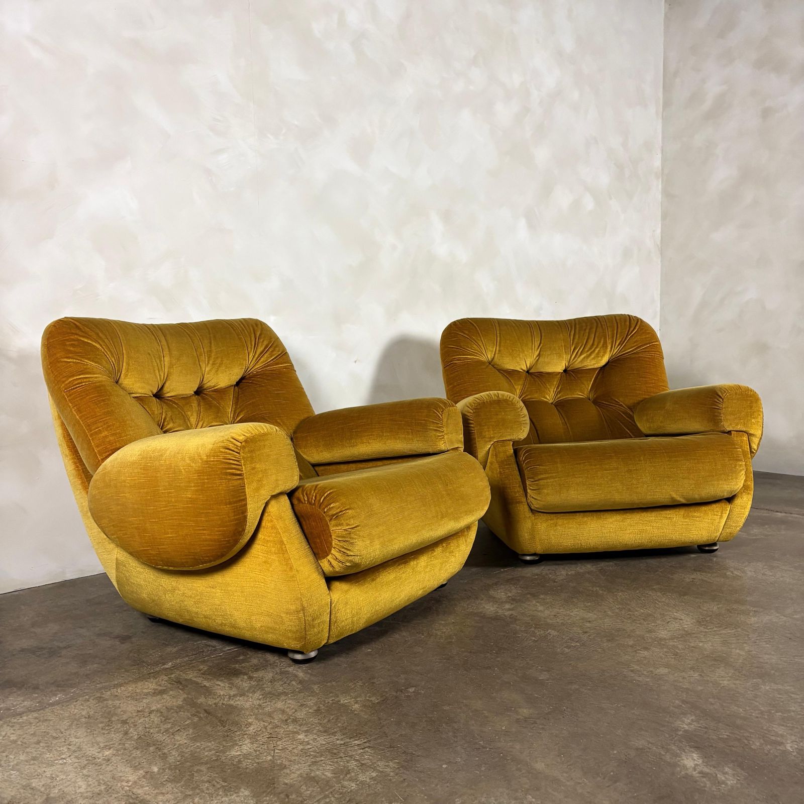 photo vinterior Mid Century G Plan Georgina Yellow Three Seater Sofa & Matching Pair Of Armchairs Yellow Velvet Retro Mcm