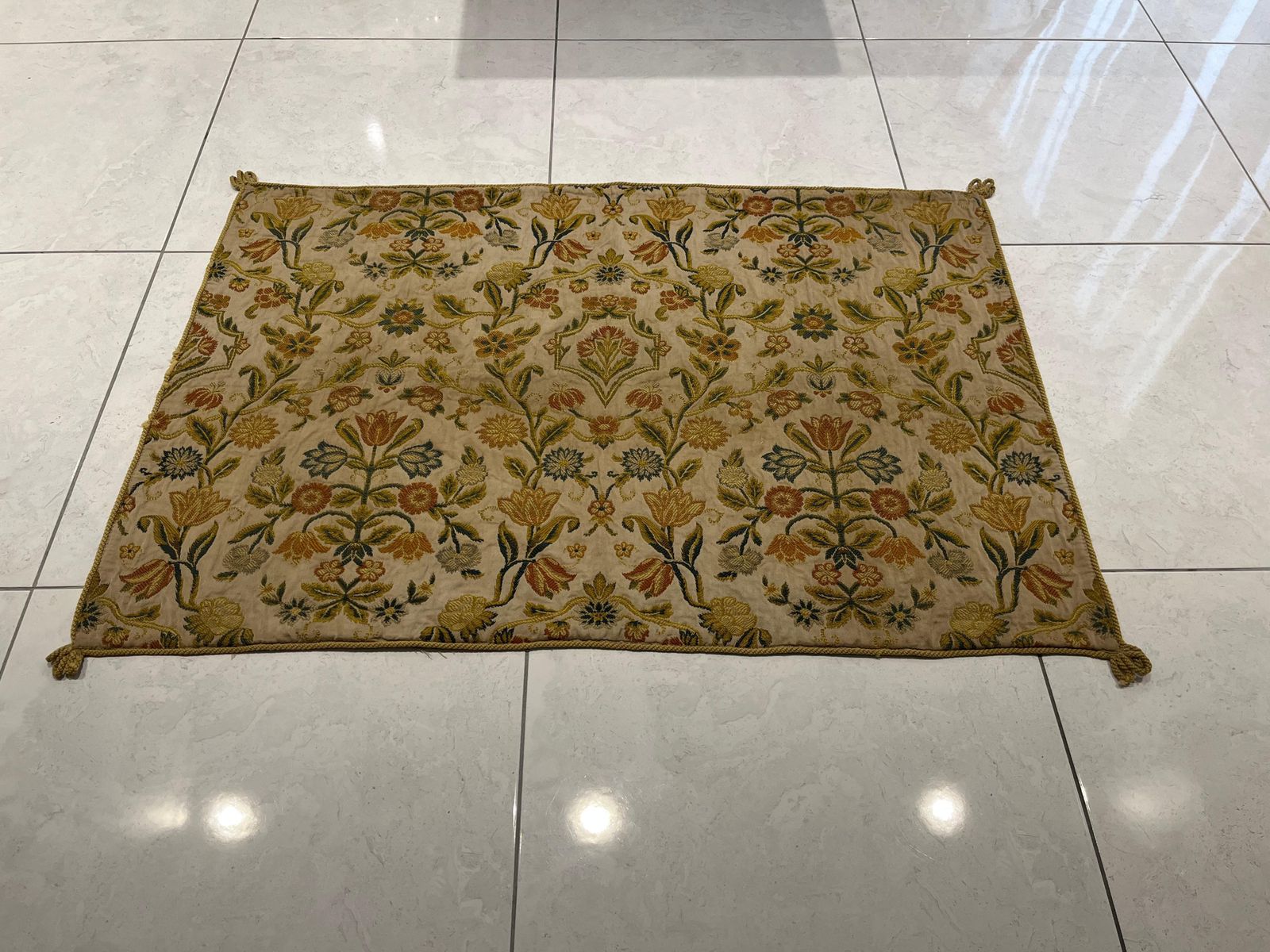 Hand Embroidered Floral Throw, Wool On Cotton, Early 20th Century, 50x35.5" photo Textiles