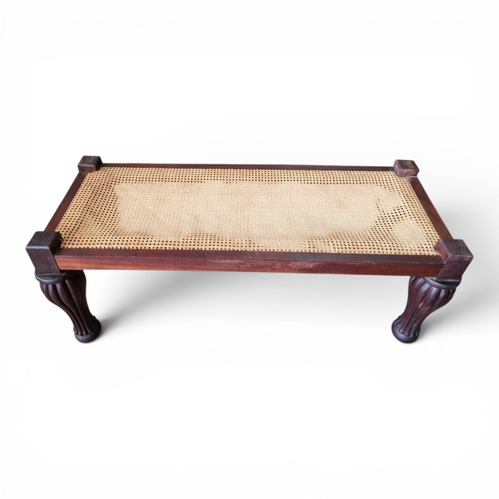 Antique Bergere Window Seat Cane Hall Bench Window Stool Long Bulbous Legs photo furniture