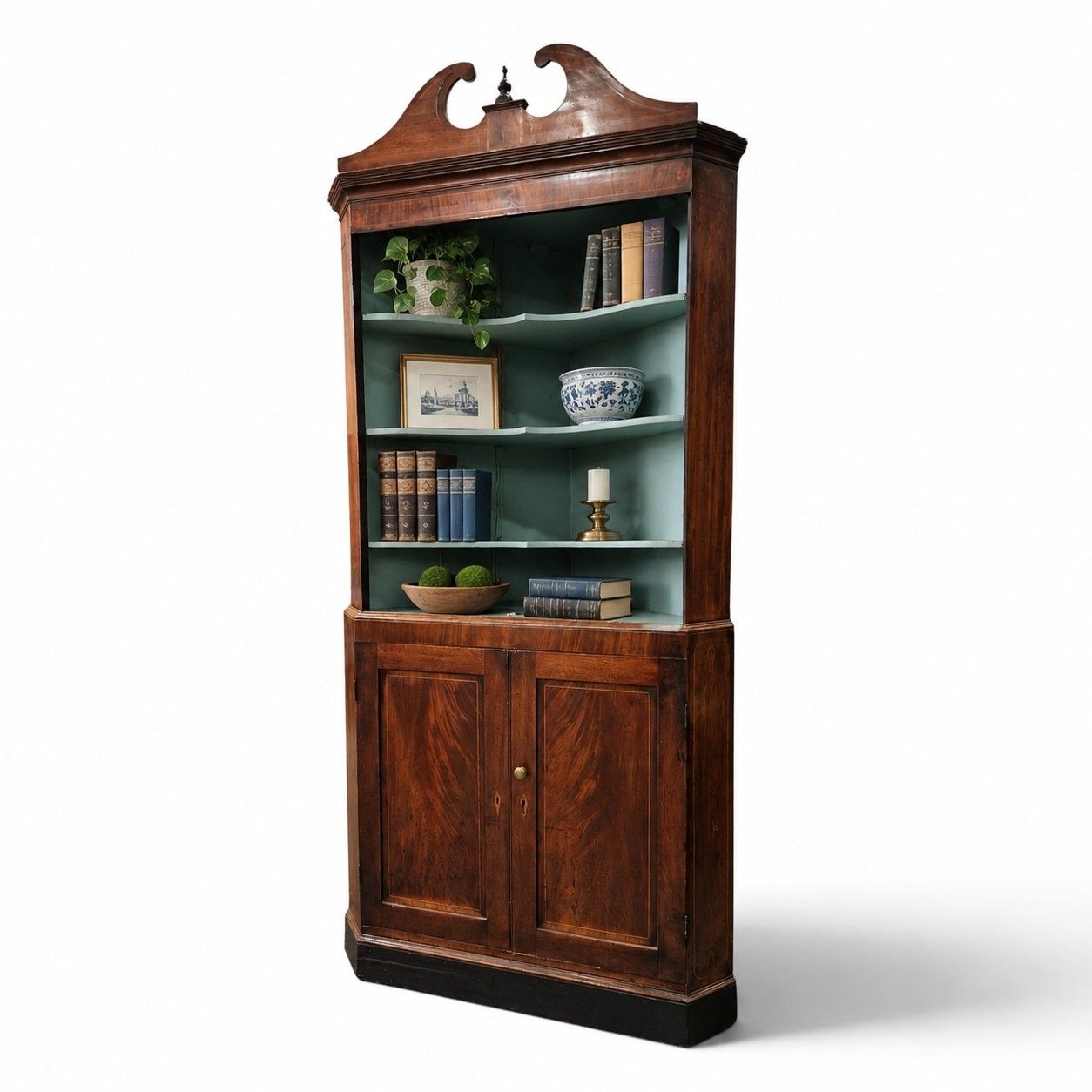Antique Inlaid Mahogany Corner Cabinet Display Shelves Double Cupboard Bookcase