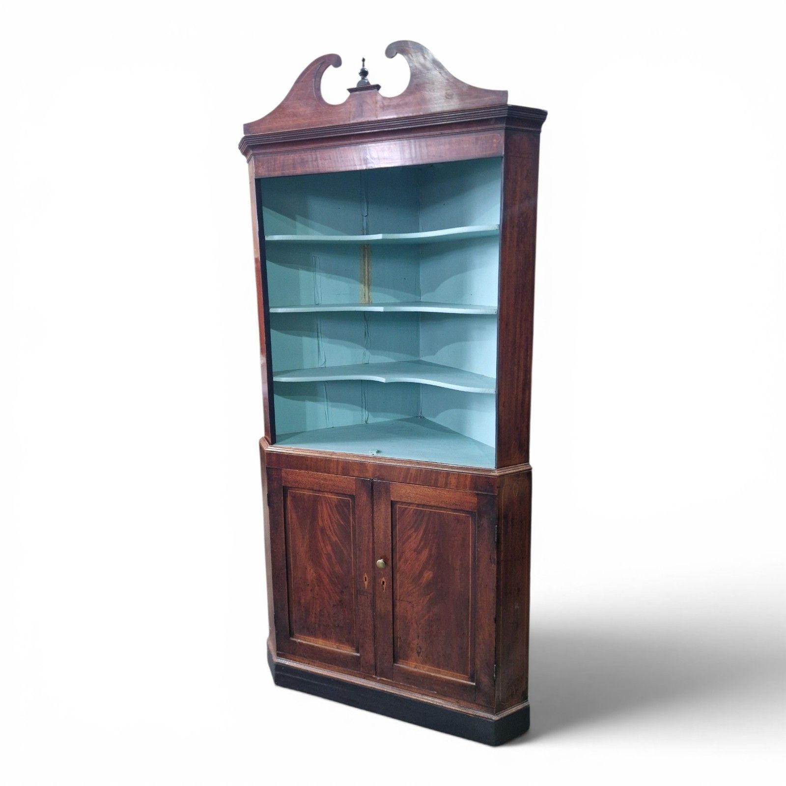 Antique Inlaid Mahogany Corner Cabinet Display Shelves Double Cupboard Bookcase photo vinterior