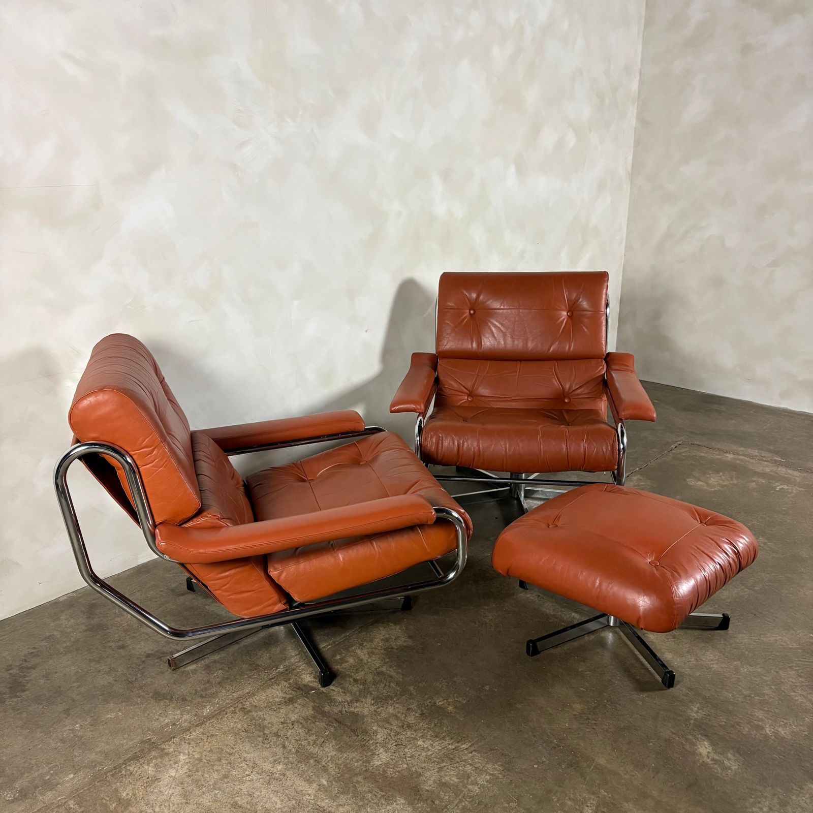 Mid Century Pieff Alpha Tan Brown Leather Three Seater Sofa & Two Swivel Lounge Chairs With Footstool Retro Mcm photo buy