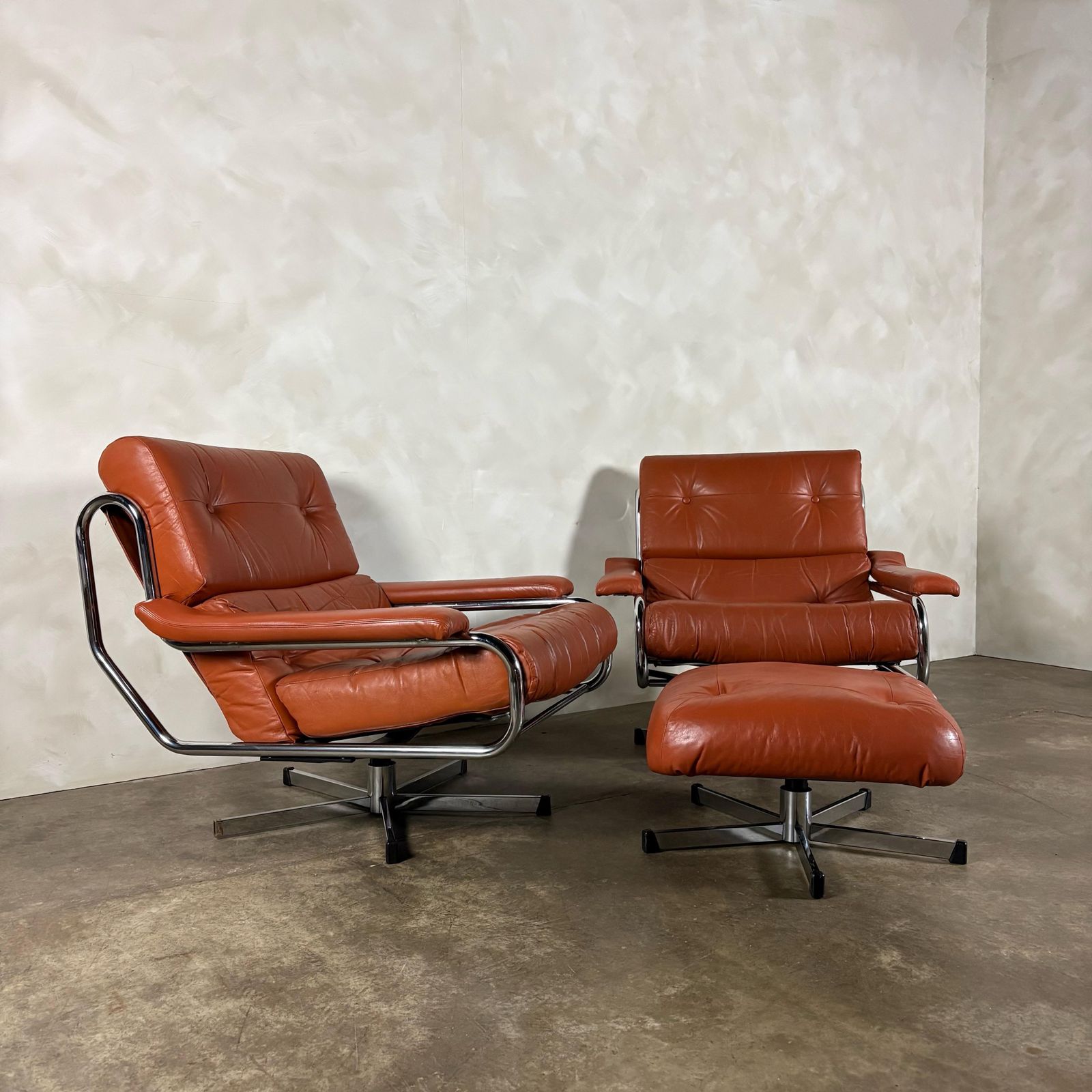 Mid Century Pieff Alpha Tan Brown Leather Three Seater Sofa & Two Swivel Lounge Chairs With Footstool Retro Mcm photo vintage