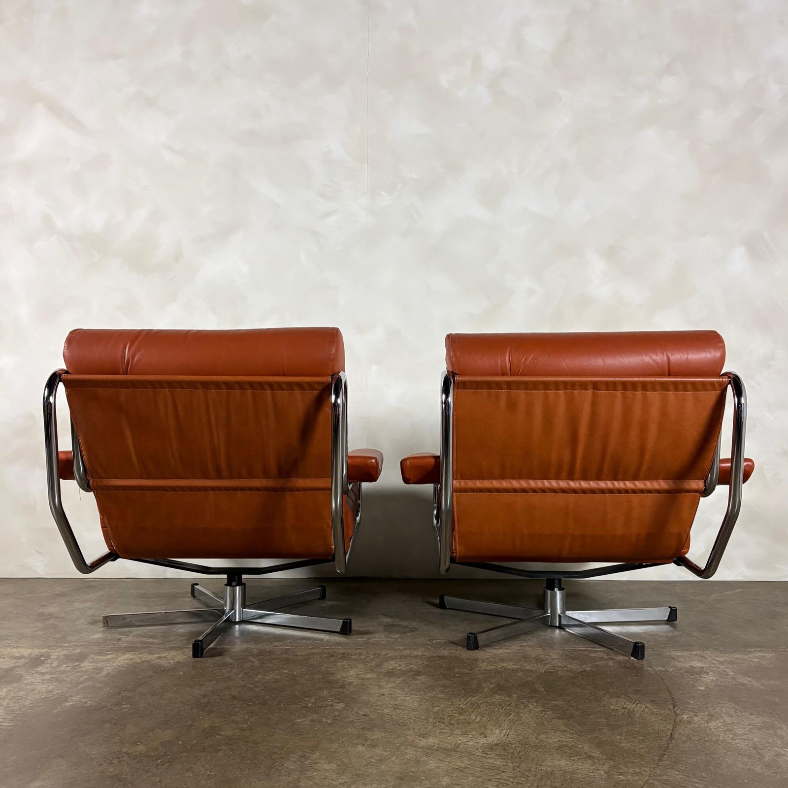 photo furniture Mid Century Pieff Alpha Tan Brown Leather Three Seater Sofa & Two Swivel Lounge Chairs With Footstool Retro Mcm
