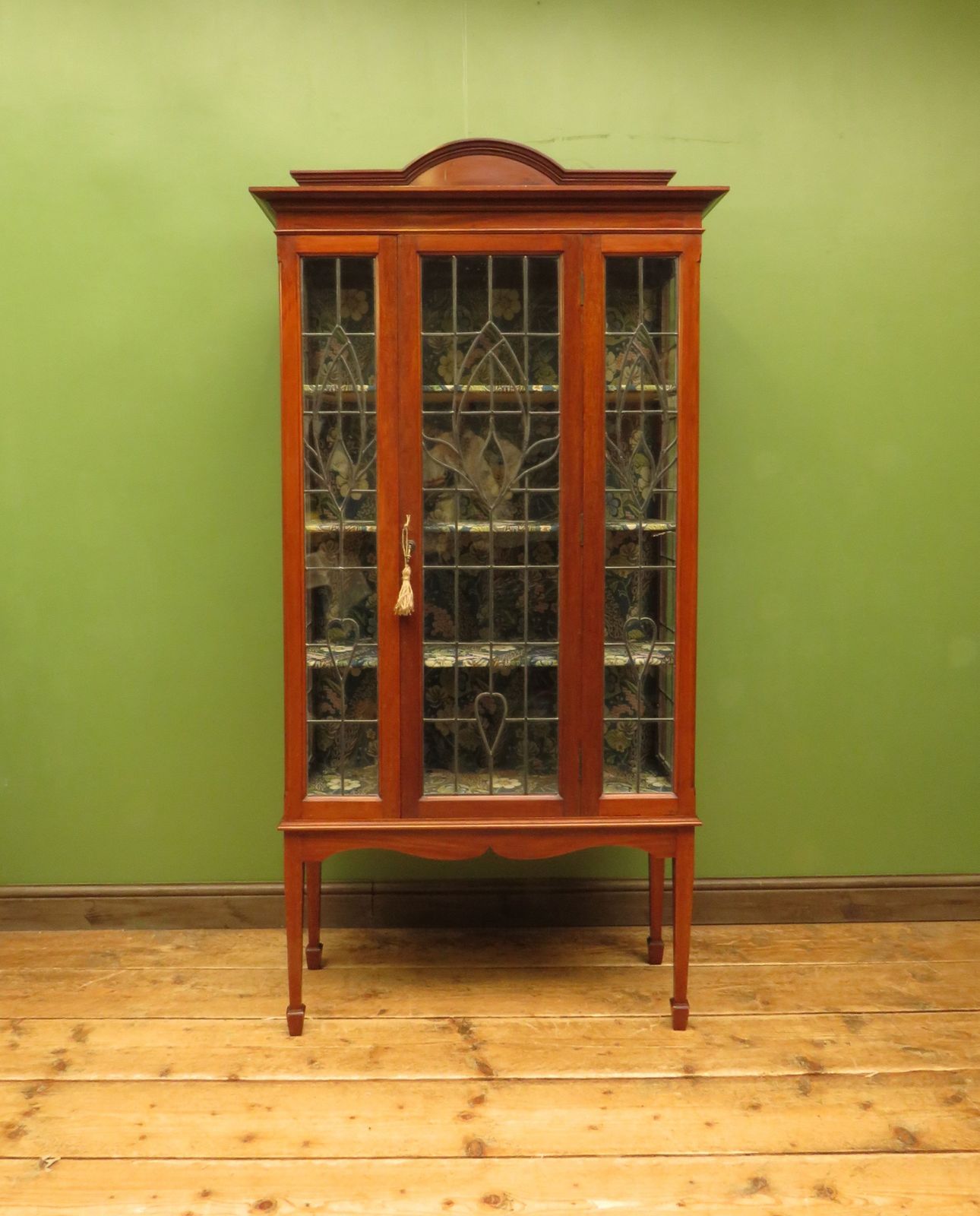 Art Nouveau Glazed Cabinet With Peacock Fabric Interior photo furniture