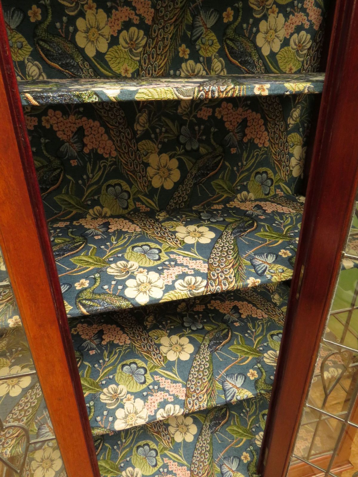 Art Nouveau Glazed Cabinet With Peacock Fabric Interior photo Furniture