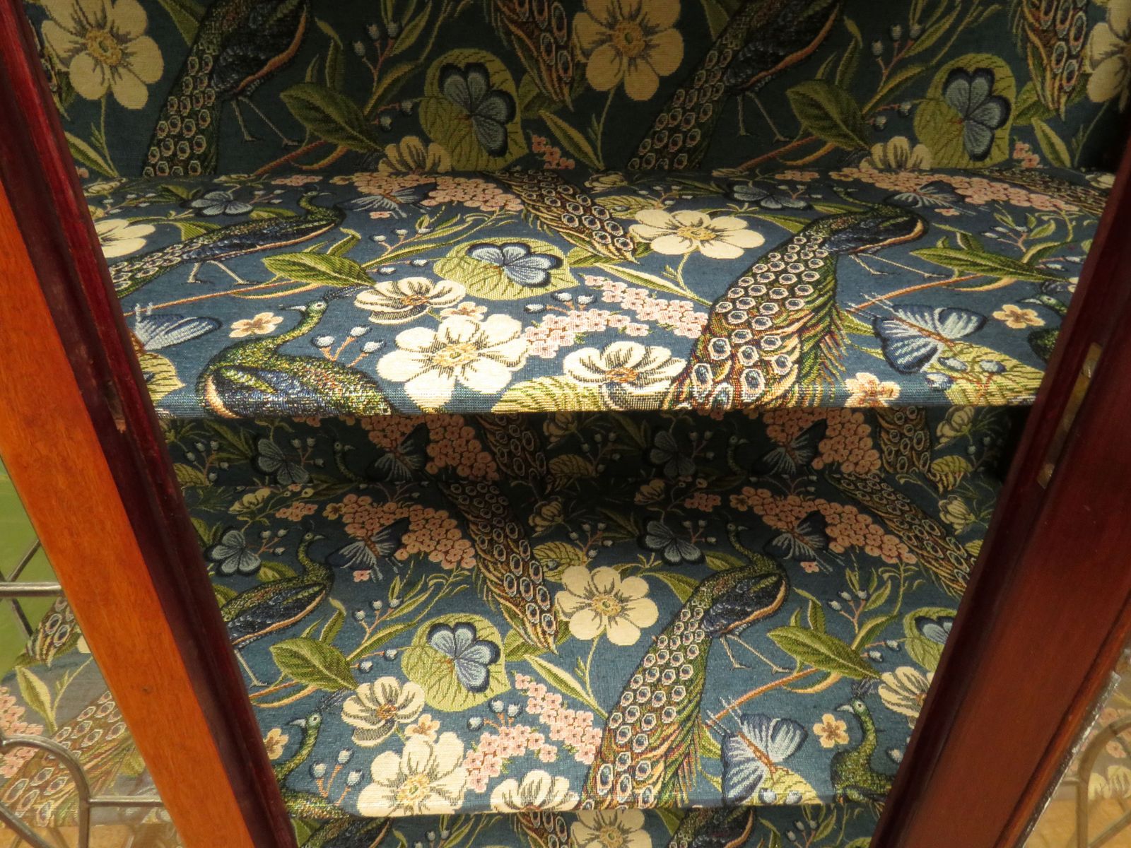 Art Nouveau Glazed Cabinet With Peacock Fabric Interior photo vinterior