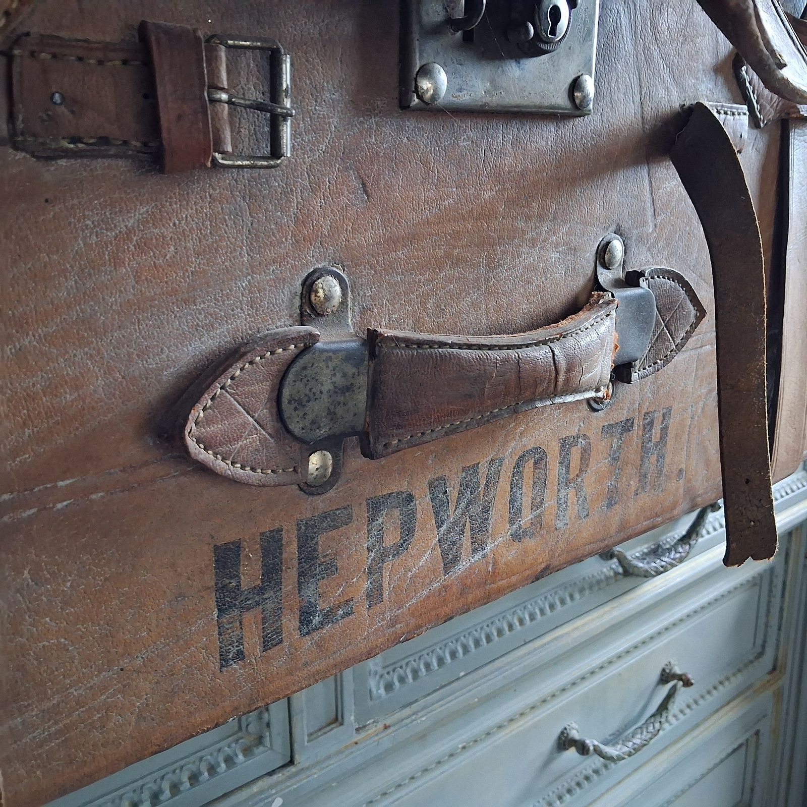 Huge Vintage Brown Leather Trunk Suitcase photo vintage