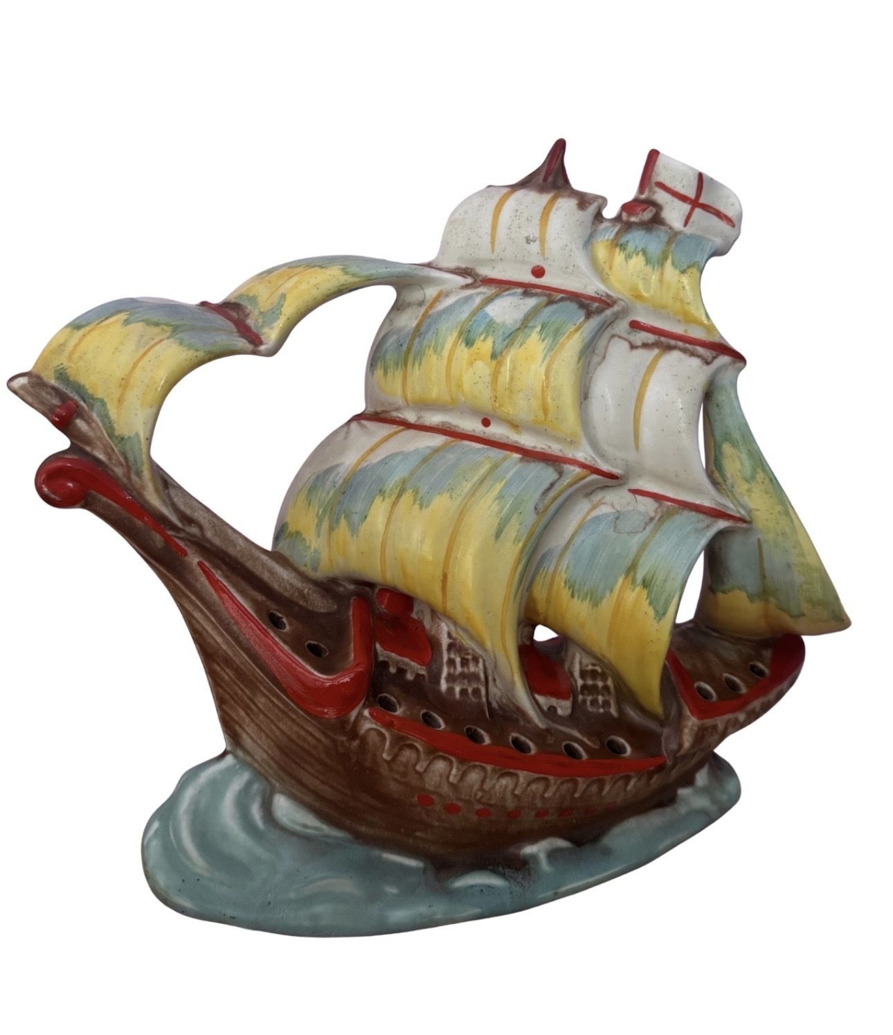Pristine 1930s Czech Art Deco Ceramic Galleon Ship Vase By Ditmar Urbach
