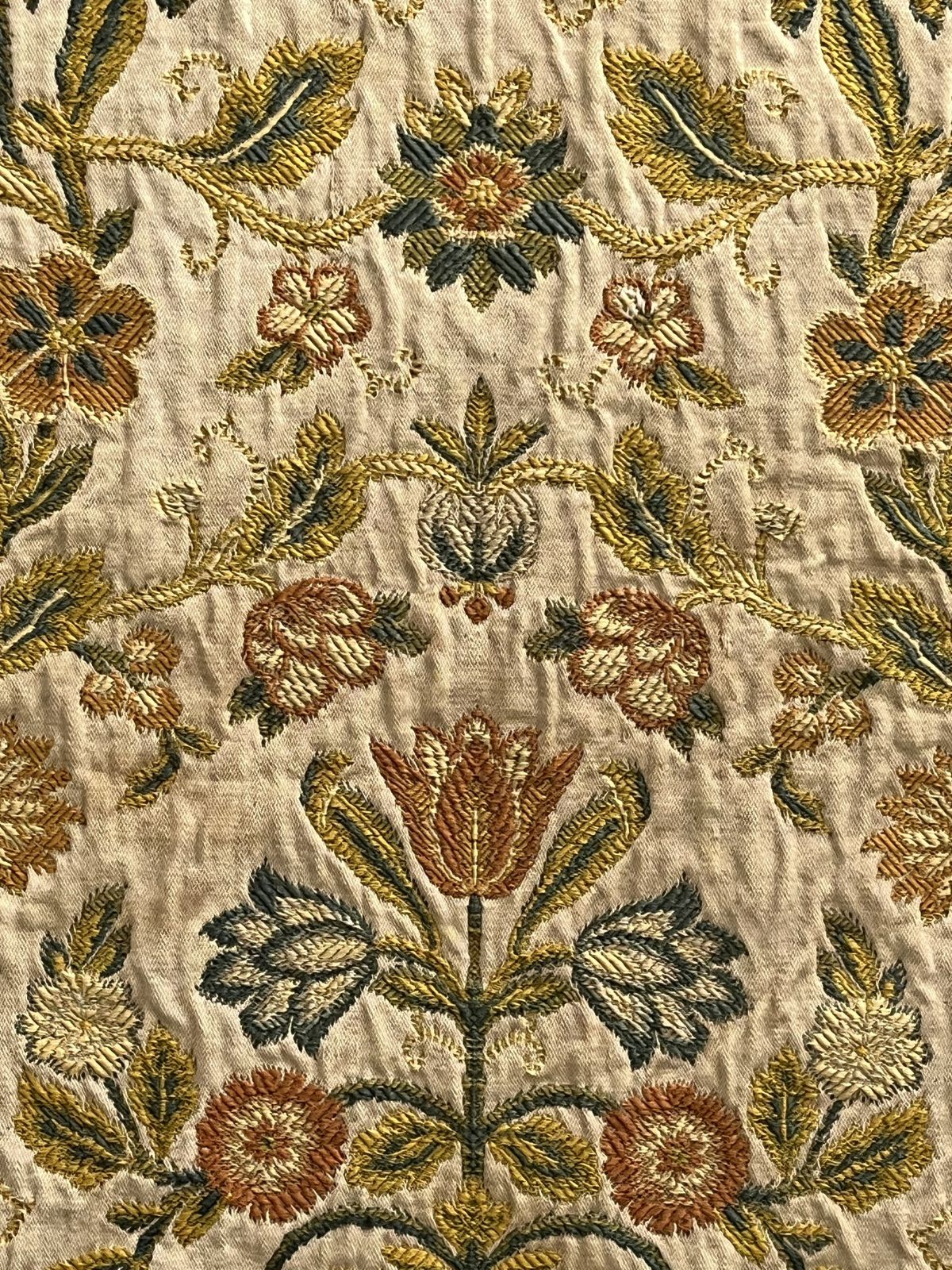 photo buy Hand Embroidered Floral Throw, Wool On Cotton, Early 20th Century, 50x35.5"