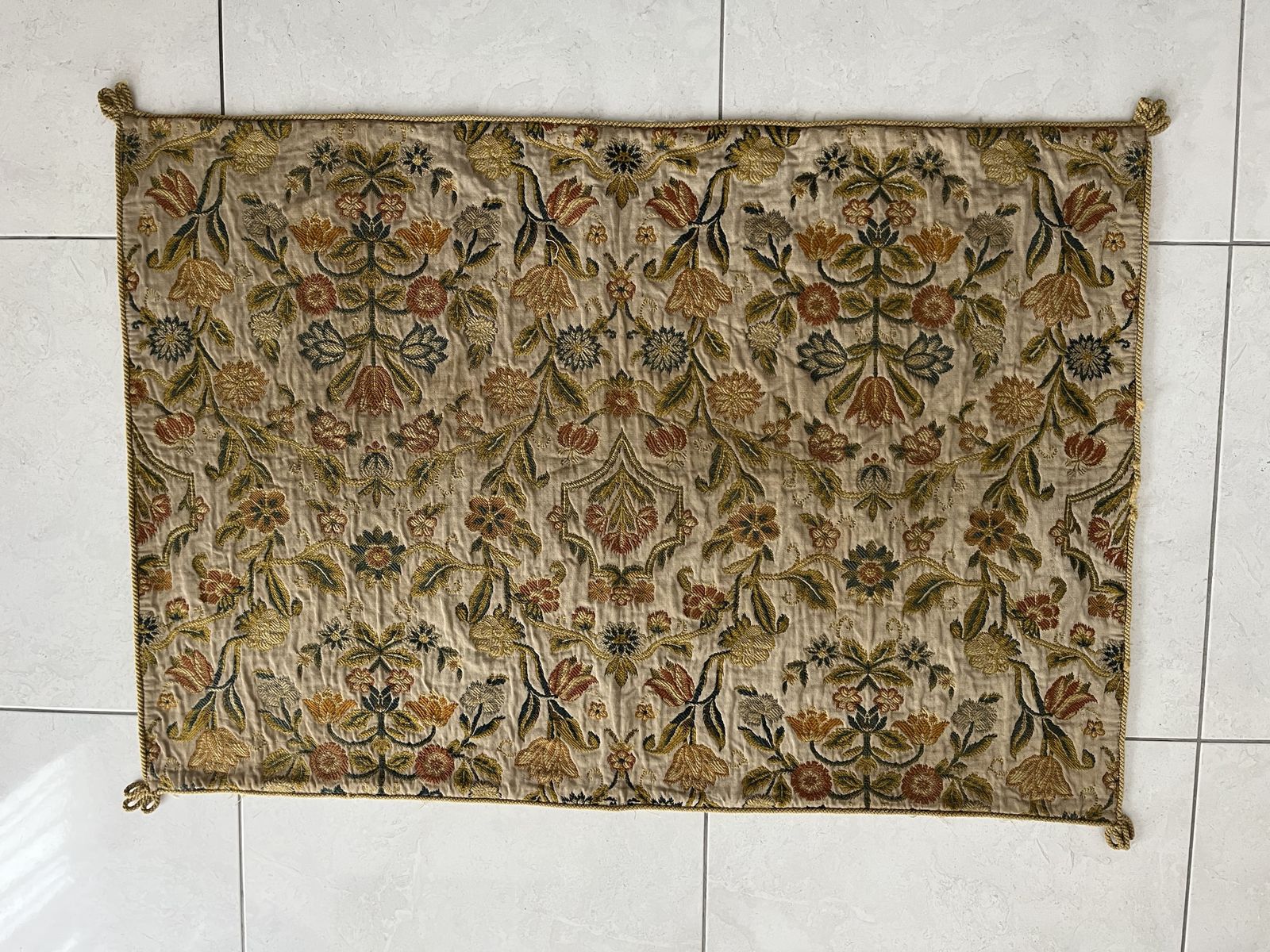 Hand Embroidered Floral Throw, Wool On Cotton, Early 20th Century, 50x35.5" photo for sale