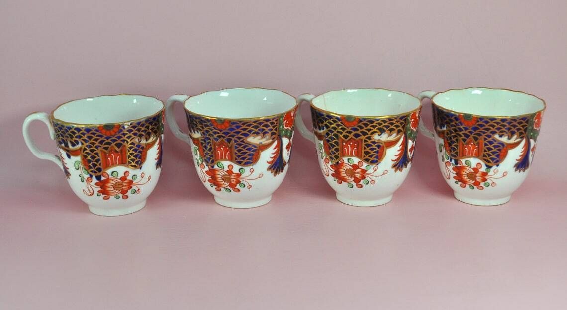 Antiek Spode Imari theekopjesset van 4, 19e eeuw, Copeland Spode Japans Imari patroon 967, zeldzaam Engels porselein, verzamelobject