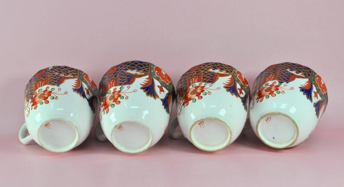 Antiek Spode Imari theekopjesset van 4, 19e eeuw, Copeland Spode Japans Imari patroon 967, zeldzaam Engels porselein, verzamelobject photo vinterior