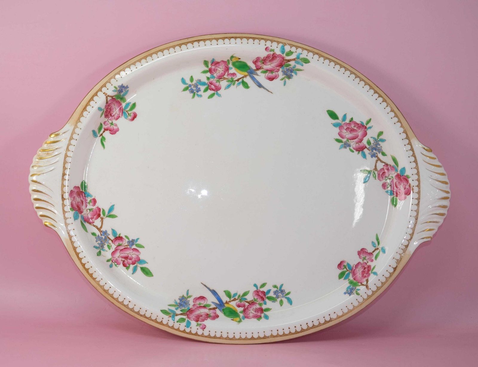 Antique Foley Shelley Oval Serving Platter C.1910 | Exotic Bird Rose Pattern | Late Foley England | Edwardian English Porcelain Gift