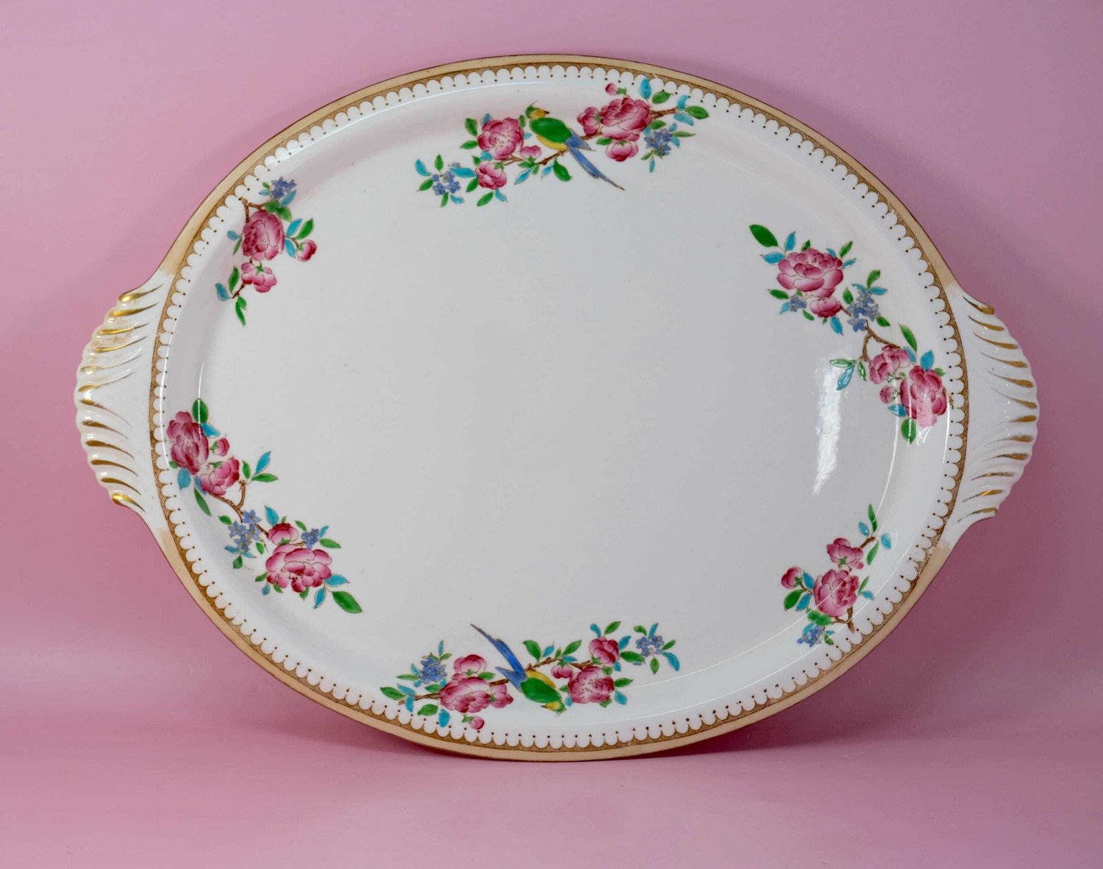 Antiek Foley Shelley Ovale Serveerschaal Ca.1910 | Exotisch Vogel Rozenpatroon | Late Foley England | Edwardiaans Engels Porselein Cadeau photo for sale