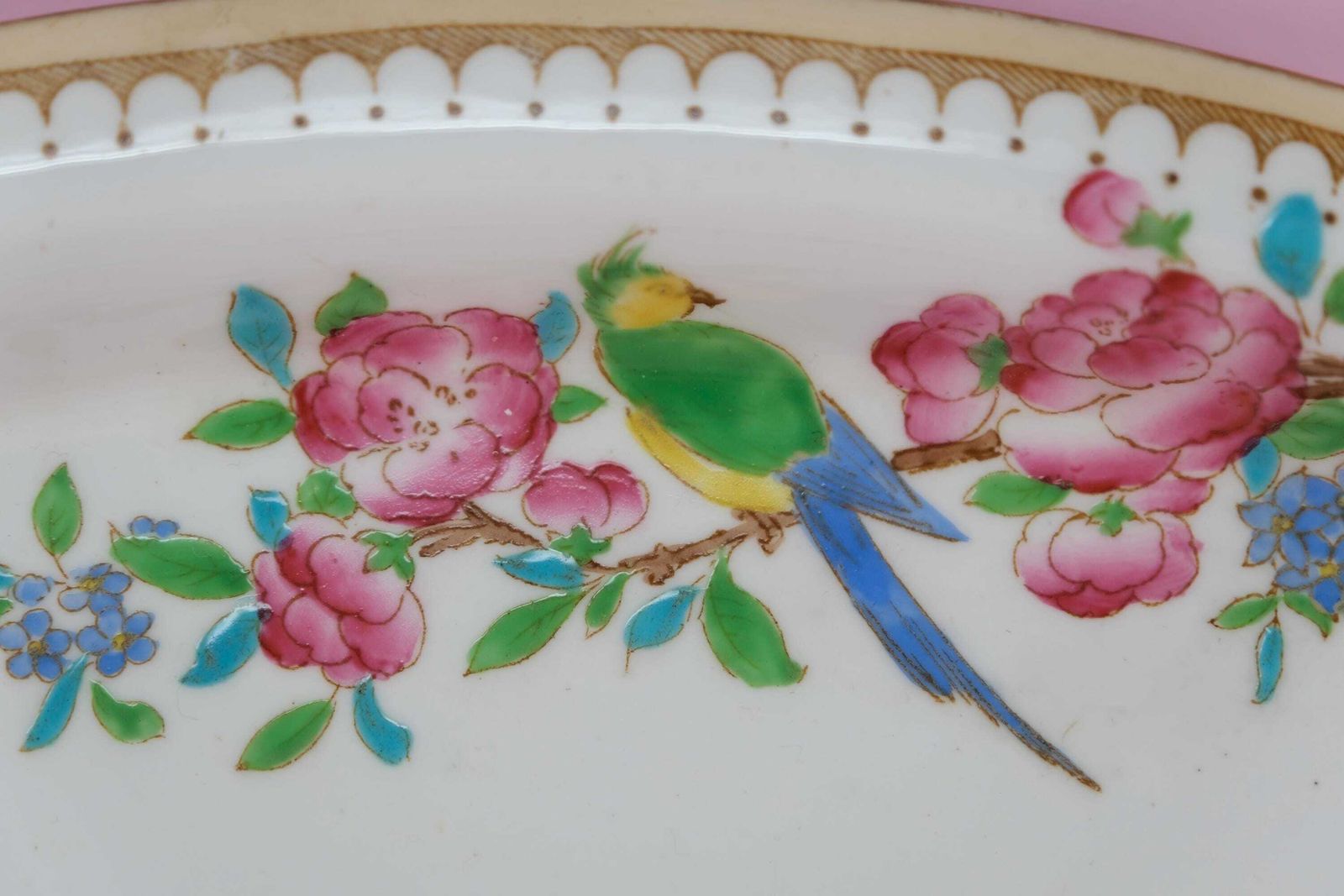 photo furniture Antique Foley Shelley Oval Serving Platter C.1910 | Exotic Bird Rose Pattern | Late Foley England | Edwardian English Porcelain Gift