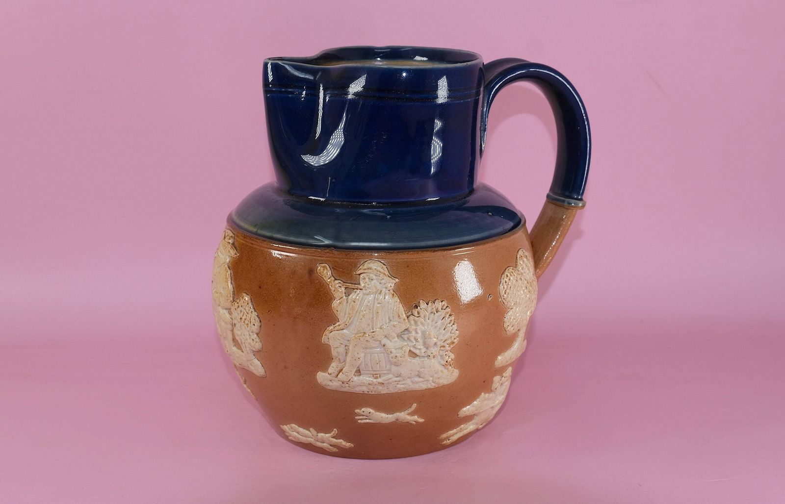 Royal Doulton Harvest Jug | Antique Stoneware Pinch Jug | Cobalt Blue Salt Glaze Pitcher | Sprigged Hunt Scene | 1902–1930 photo furniture