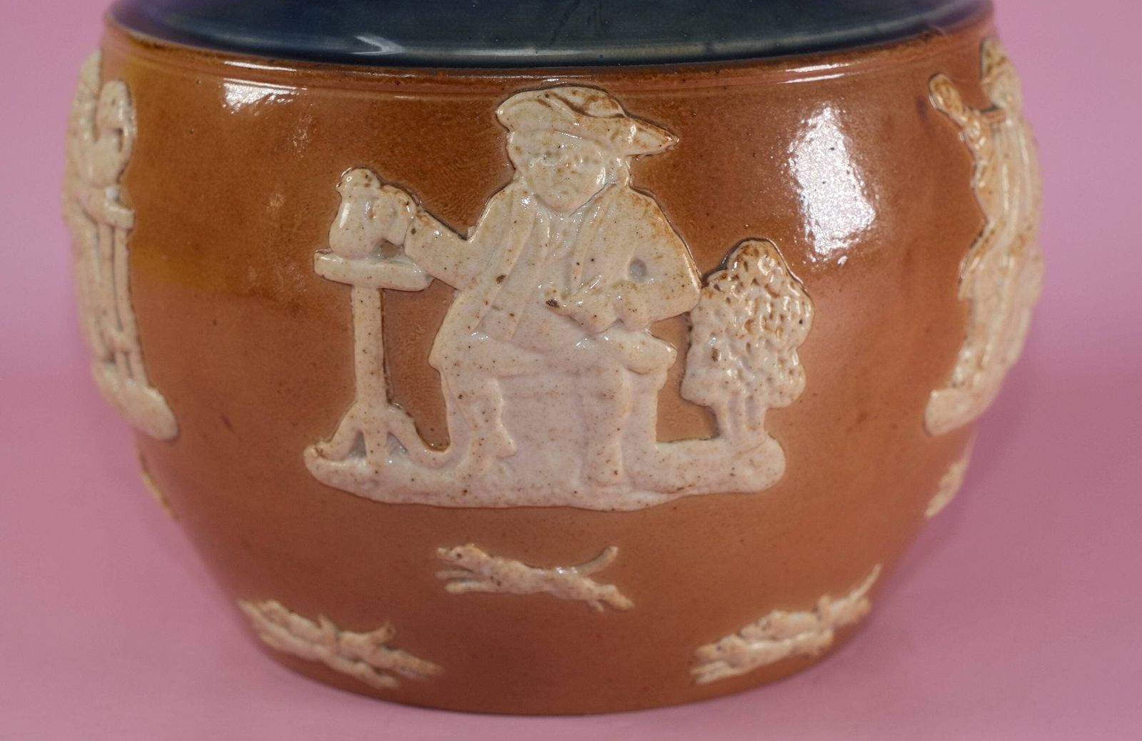Royal Doulton Harvest Jug | Antique Stoneware Pinch Jug | Cobalt Blue Salt Glaze Pitcher | Sprigged Hunt Scene | 1902–1930 photo Home Decor