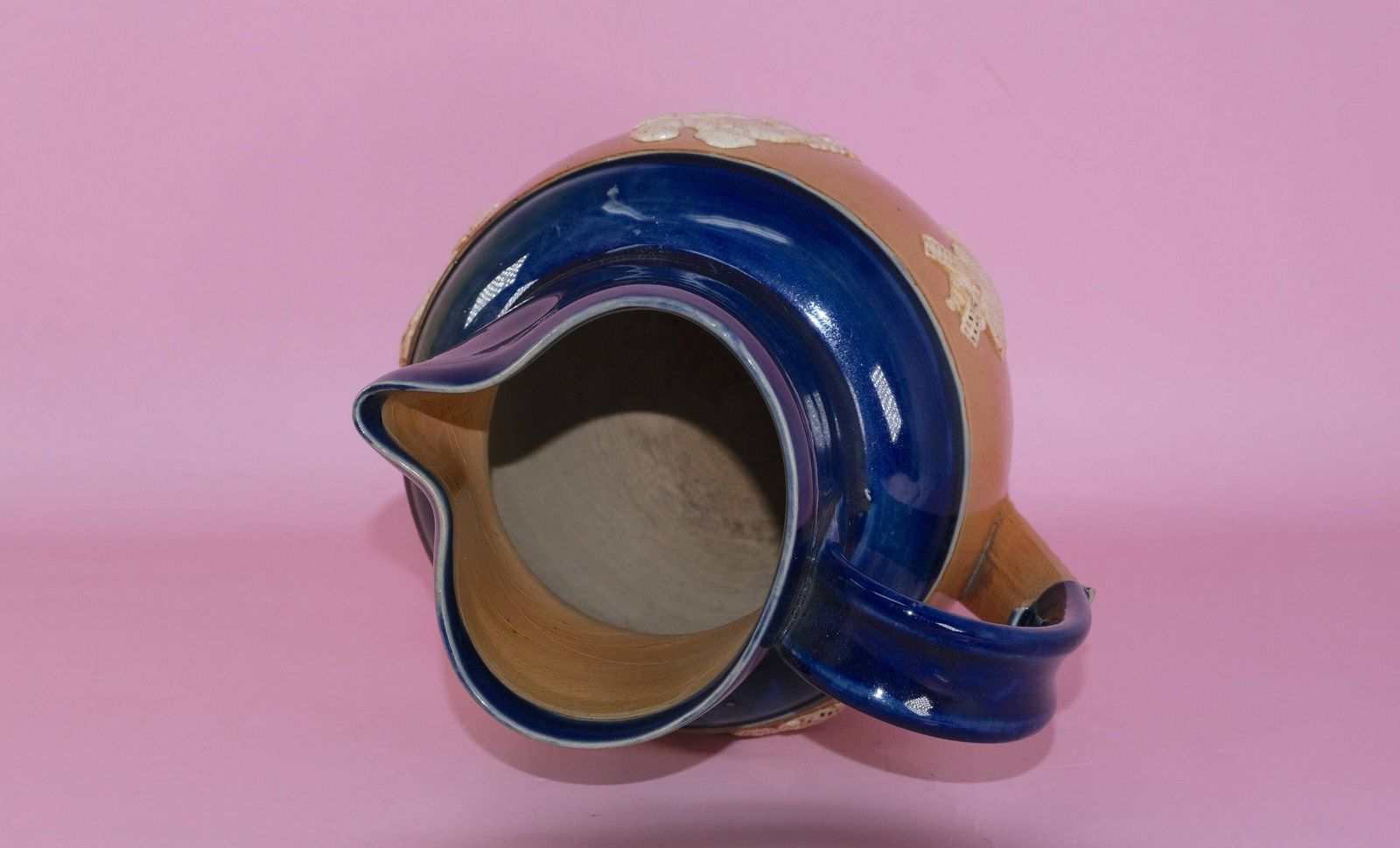 photo furniture Royal Doulton Harvest Jug | Antique Stoneware Pinch Jug | Cobalt Blue Salt Glaze Pitcher | Sprigged Hunt Scene | 1902–1930