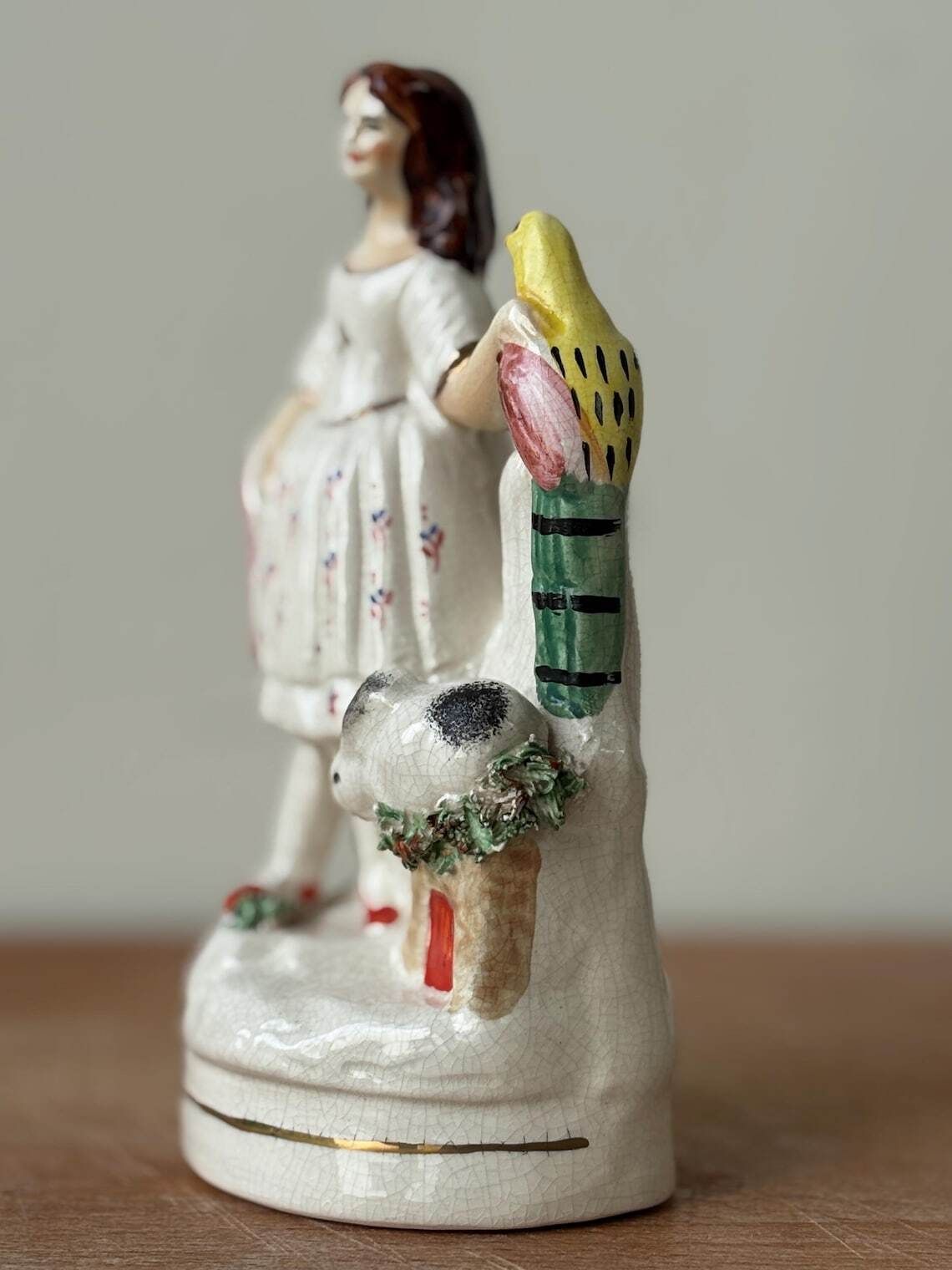 Antique Staffordshire Flatback Figure Girl With Bird And Rabbit Victorian Pottery Mantel Ornament photo vinterior