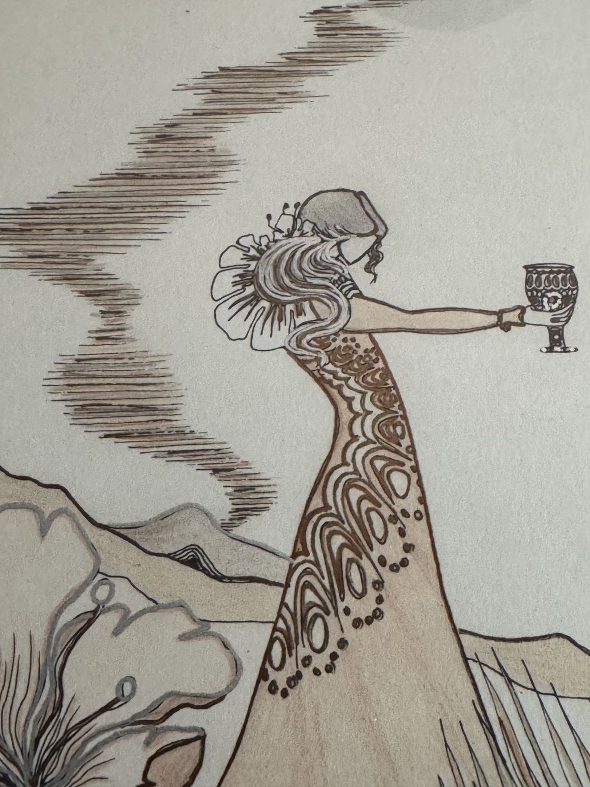 Original 20th Century Fantasy Illustration By Eleanor Clayforth – Framed Mixed Media Drawing photo furniture