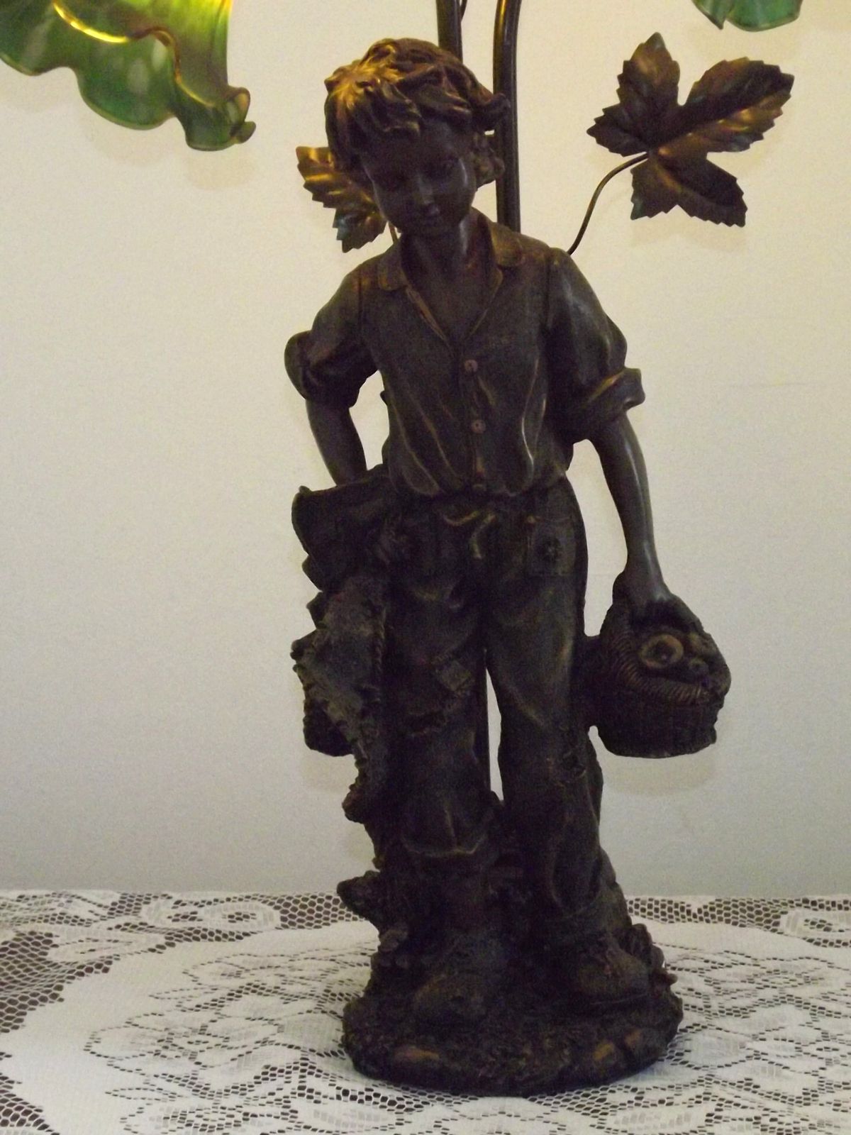 Art Nouveau Table Lamp With Boy Figurine Amber & Green Glass Tulip Shades photo Lighting