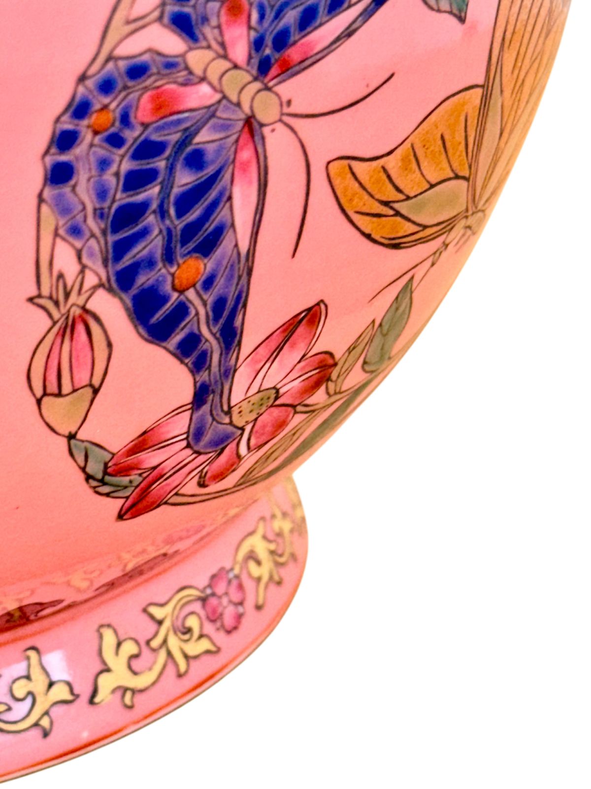 photo for sale Chinese Famille Rose Pink Butterfly Vase, Qianlong Mark, Gold Accents