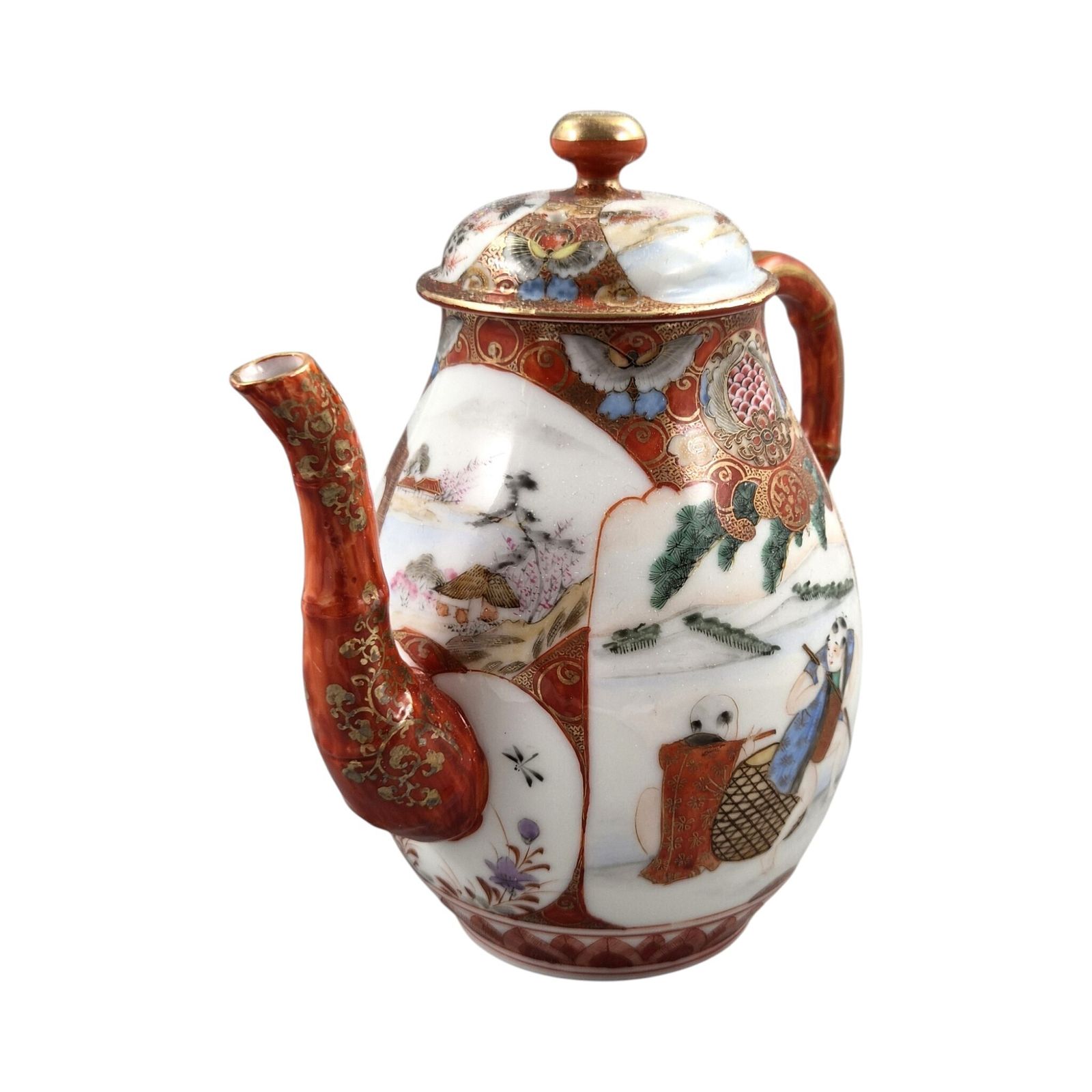 Woonaccessoires Meiji Kutani Theepot Met Bamboehengsel En Decoratieve Vaasstandaard, ca. 1890 photo