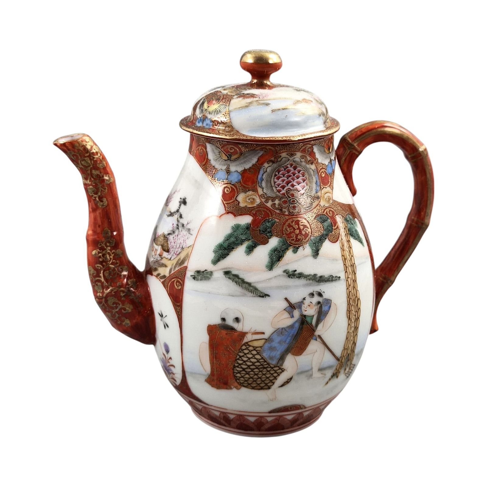 400.0 Meiji Kutani Teapot With Bamboo Handle And Decorative Vase Stand, C.1890 photo