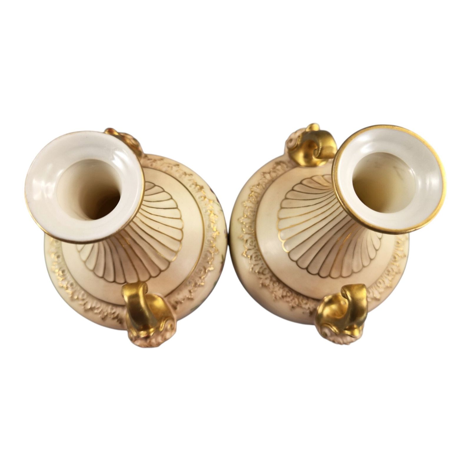 Pair Of Royal Worcester Blush Ivory Floral Vases With Gilt Mask Handles, 1900 photo 800.0