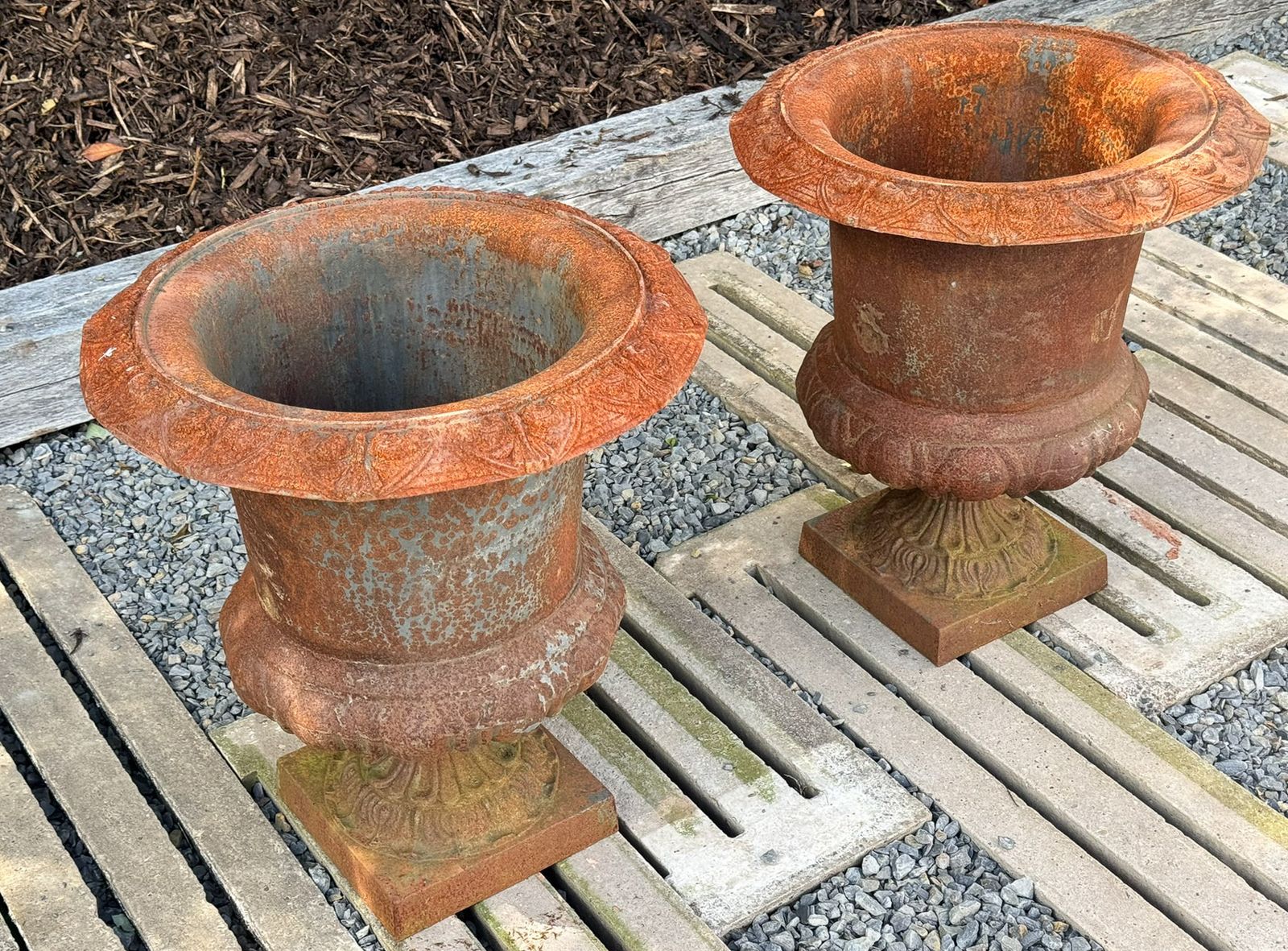 Large Pair Cast Iron Victorian Rococo Style Garden Urn Planters Late 20th Century photo for sale