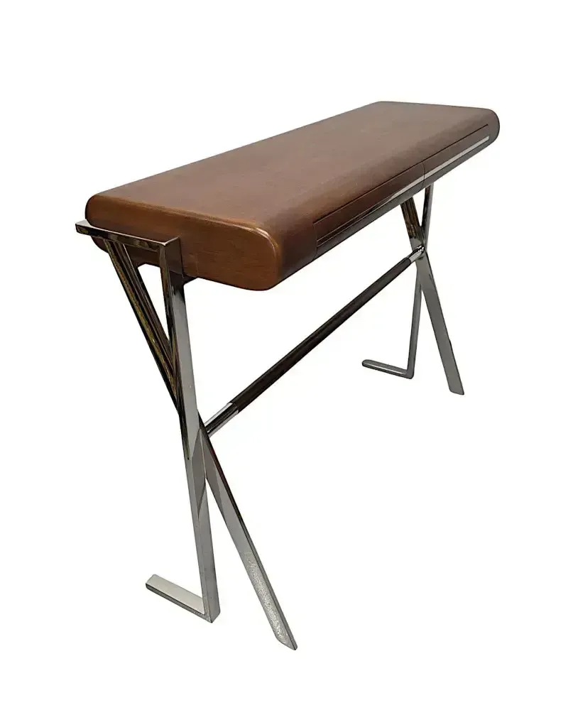 Zeer fraaie consoletafel in mid-century stijl, walnoot en chroom photo Meubels