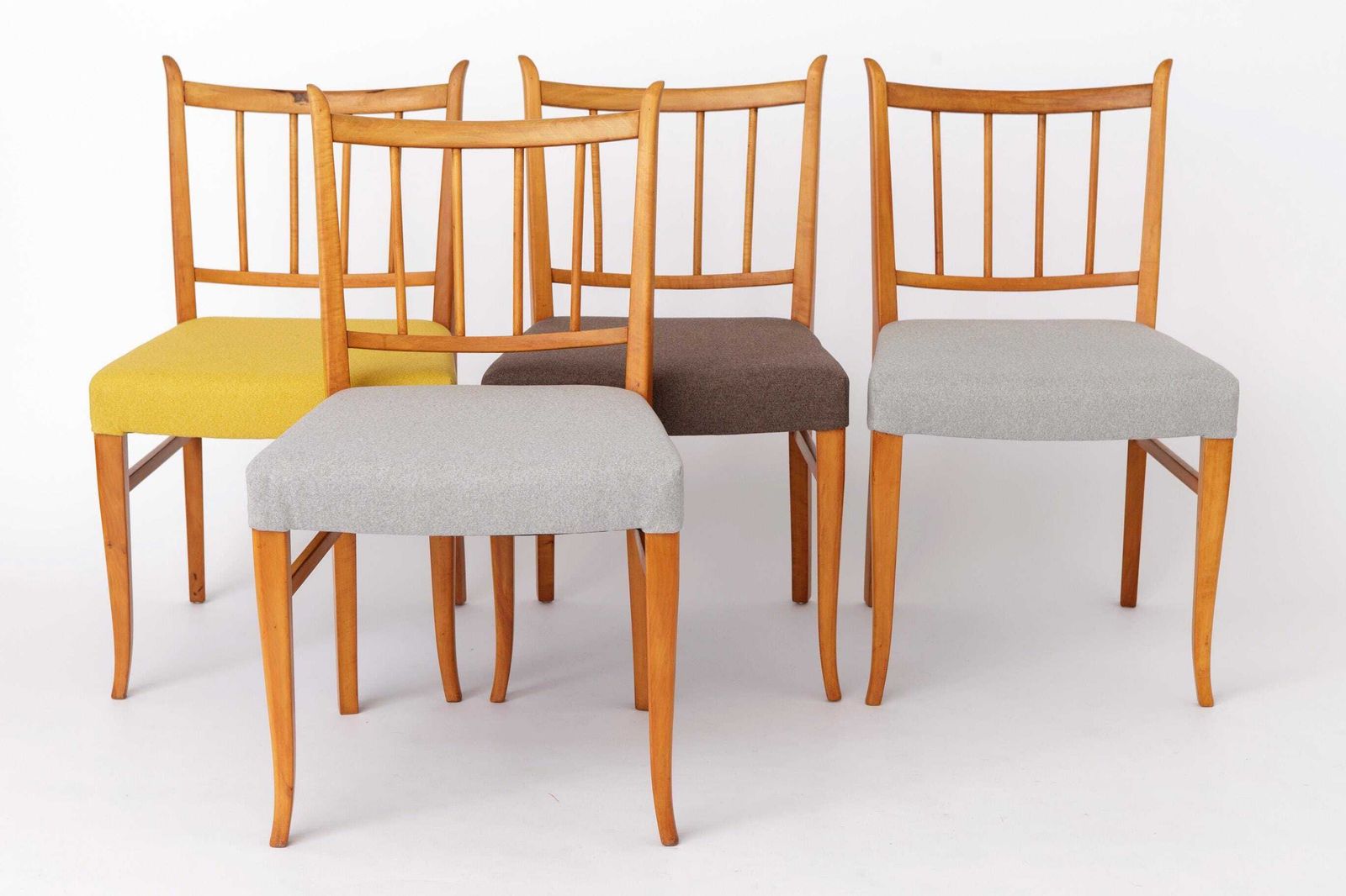 Set Of 4 Vintage Beech Dining Chairs, 1950s Mid Century Modern Chairs, Restored Wooden Chairs, Newly Upholstered Colorful Fabric