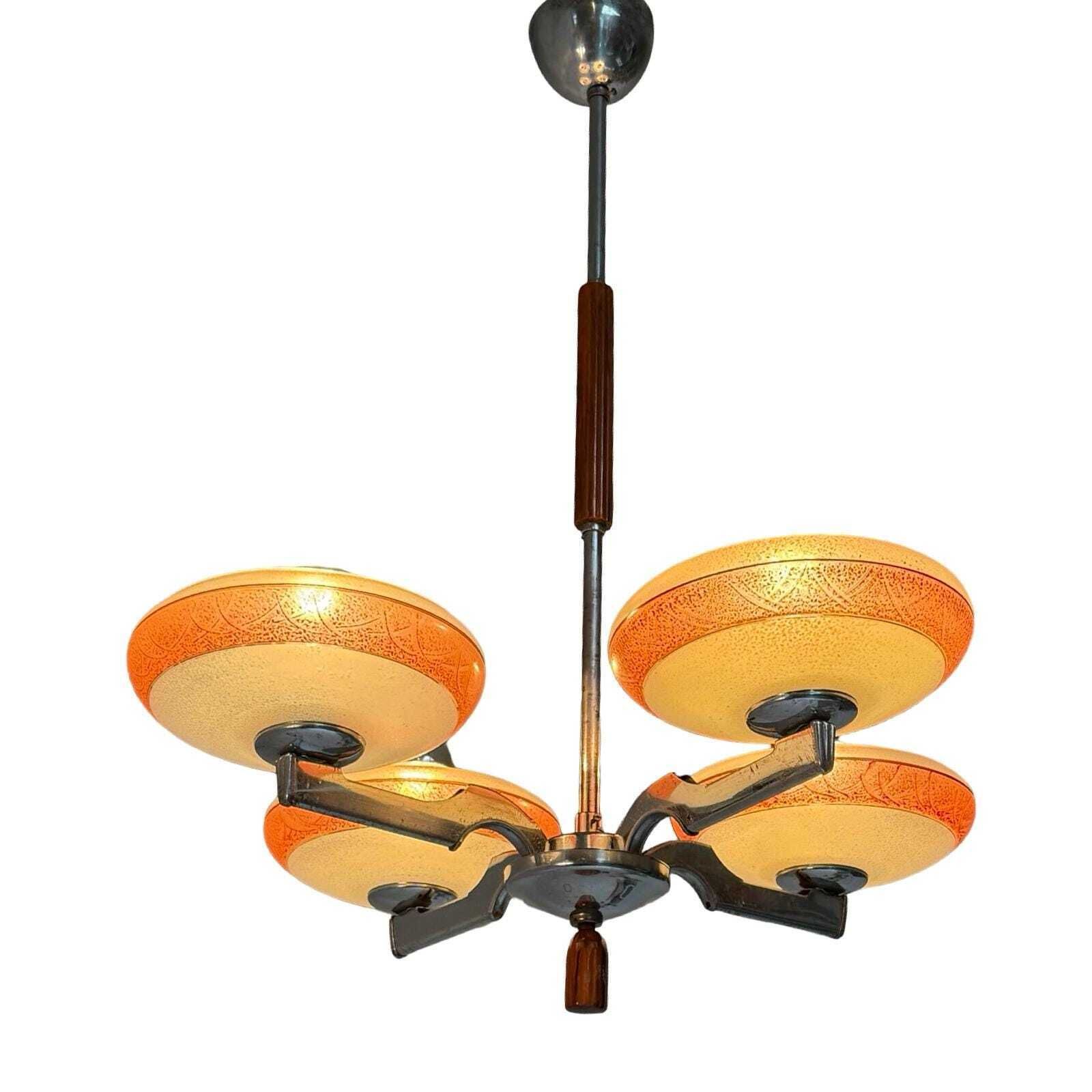 Art Deco Chandelier   Approx. 1930, Czechoslovakia   Frosted Glass, Bakelite And Chromed Metal Frame   4 Bulbs