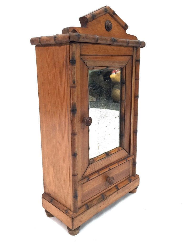 Antique Tabletop Wooden Bamboo & Pine Miniature Cabinet Cupboard / Mirror C.1930 photo for sale