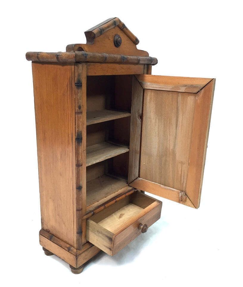 Antique Tabletop Wooden Bamboo & Pine Miniature Cabinet Cupboard / Mirror C.1930 photo 149.0