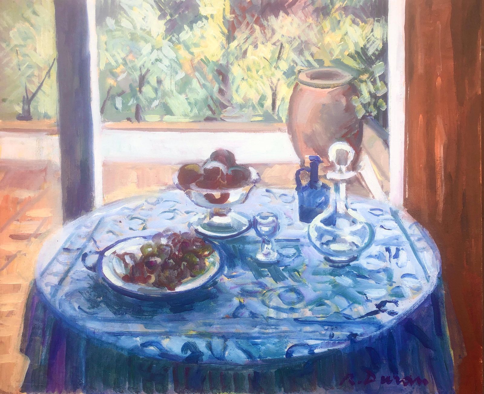Rafael Duran Benet, Nature morte méditerranéenne au linge de table bleu, fruits et vue sur jardin, huile sur toile, vers 2000
