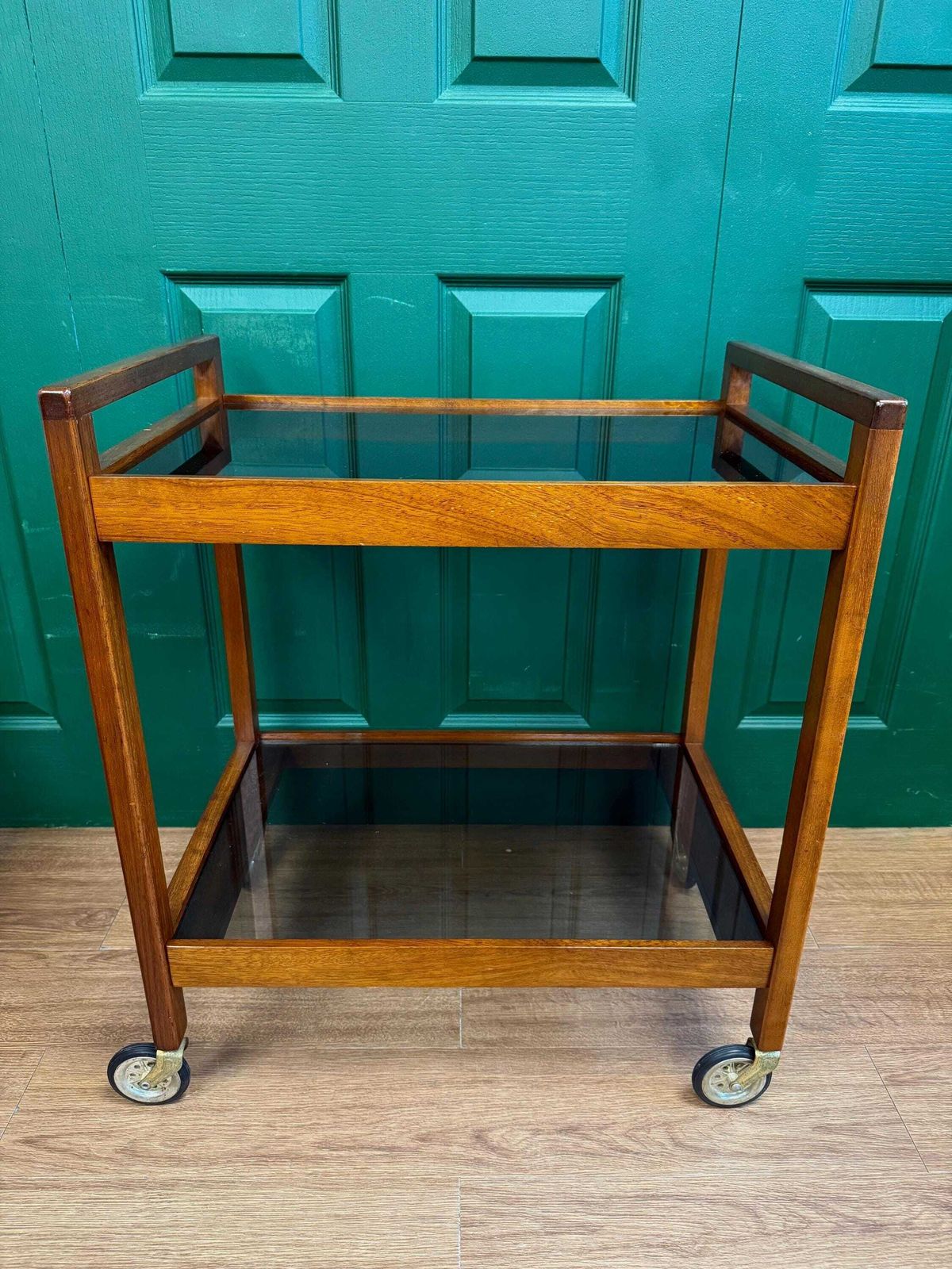Stylish Vintage 1960s Mid Century Danish Style Solid Teak And Smoked Glass Two Tier Drinks Trolley photo vinterior
