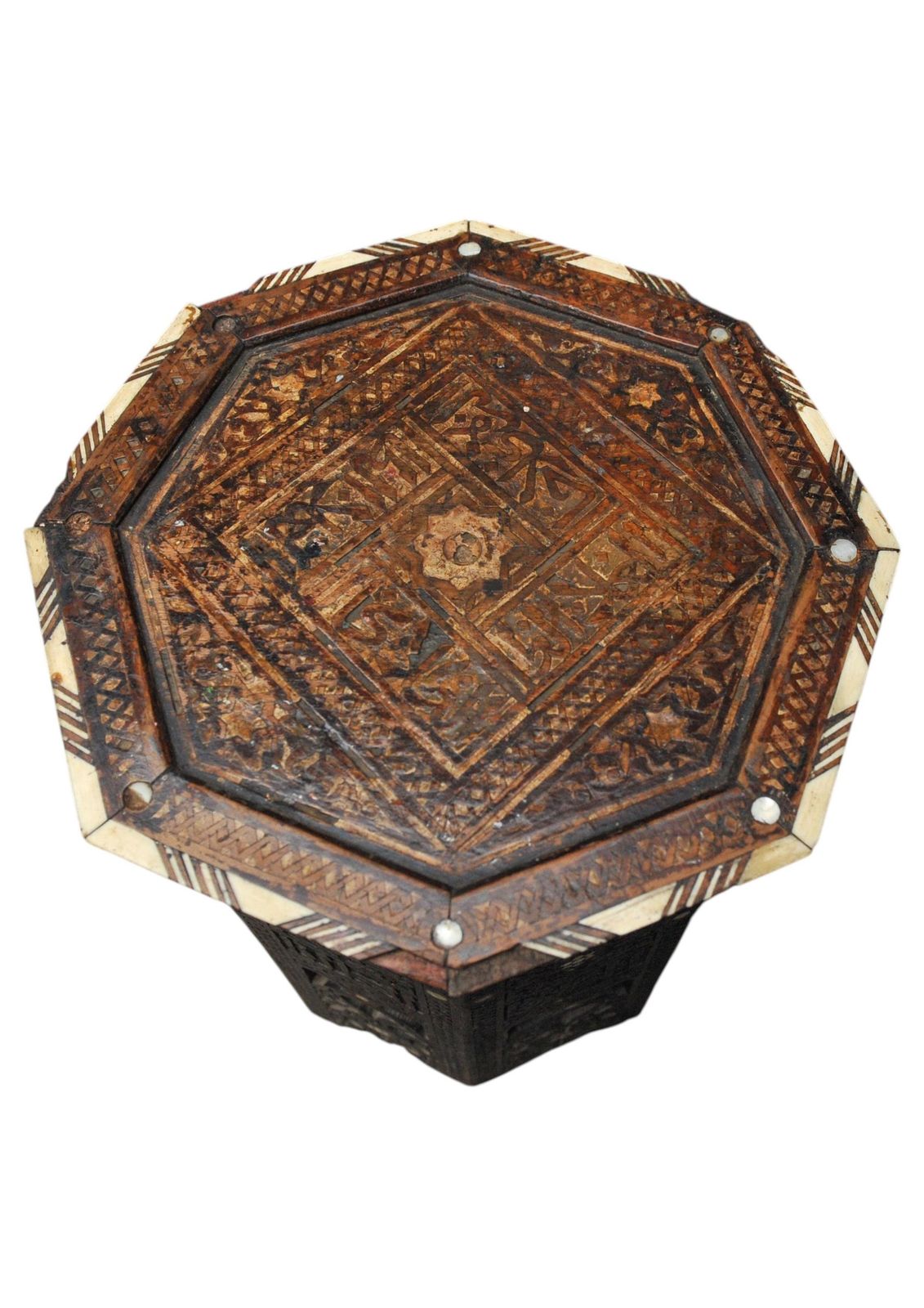 A Stunning Antique 19th Century Middle Eastern Damascus Occasional Table That Features Intricate Bone Inlay And Geometric Carvings. photo vintage