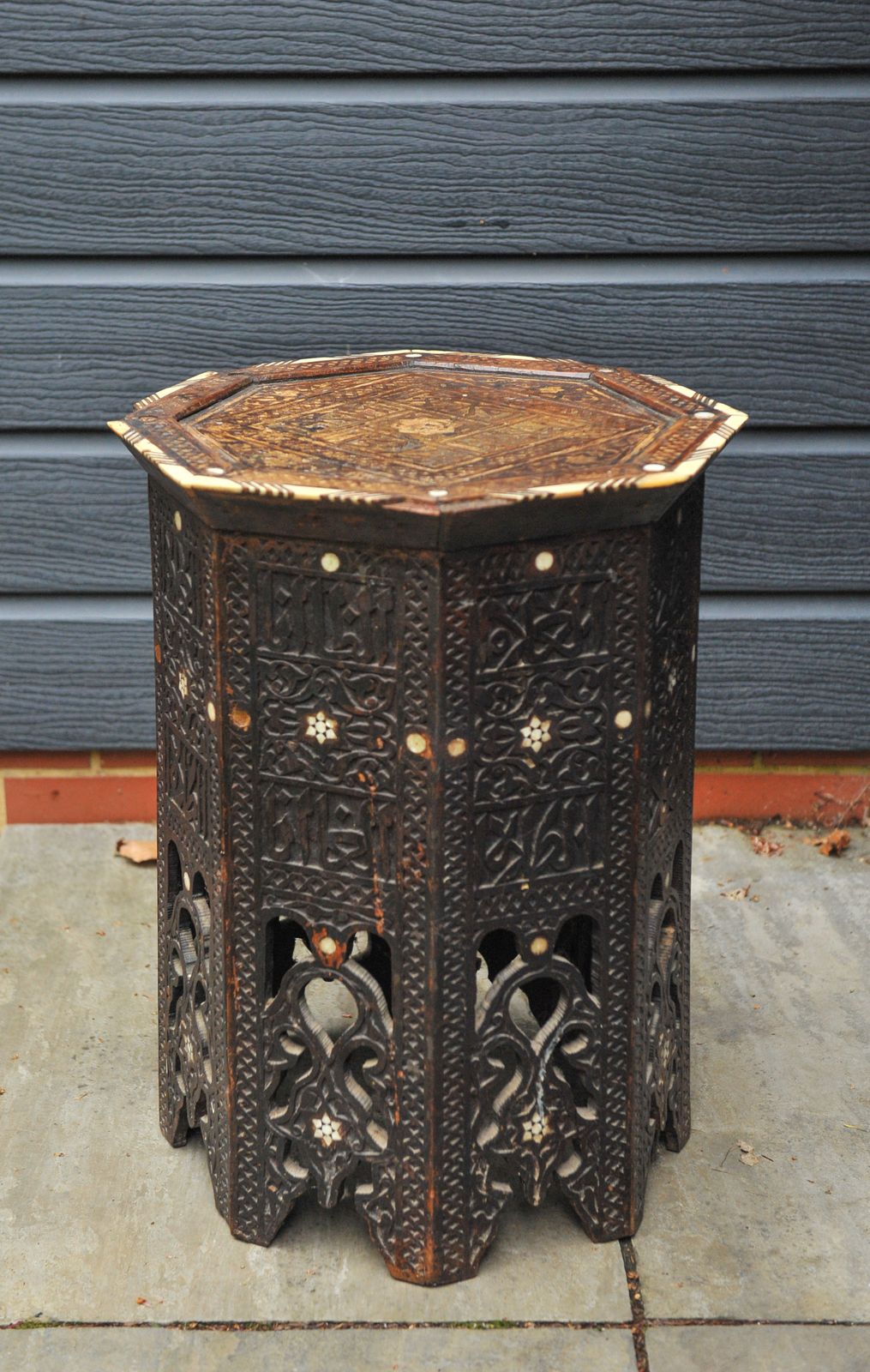 photo furniture A Stunning Antique 19th Century Middle Eastern Damascus Occasional Table That Features Intricate Bone Inlay And Geometric Carvings.